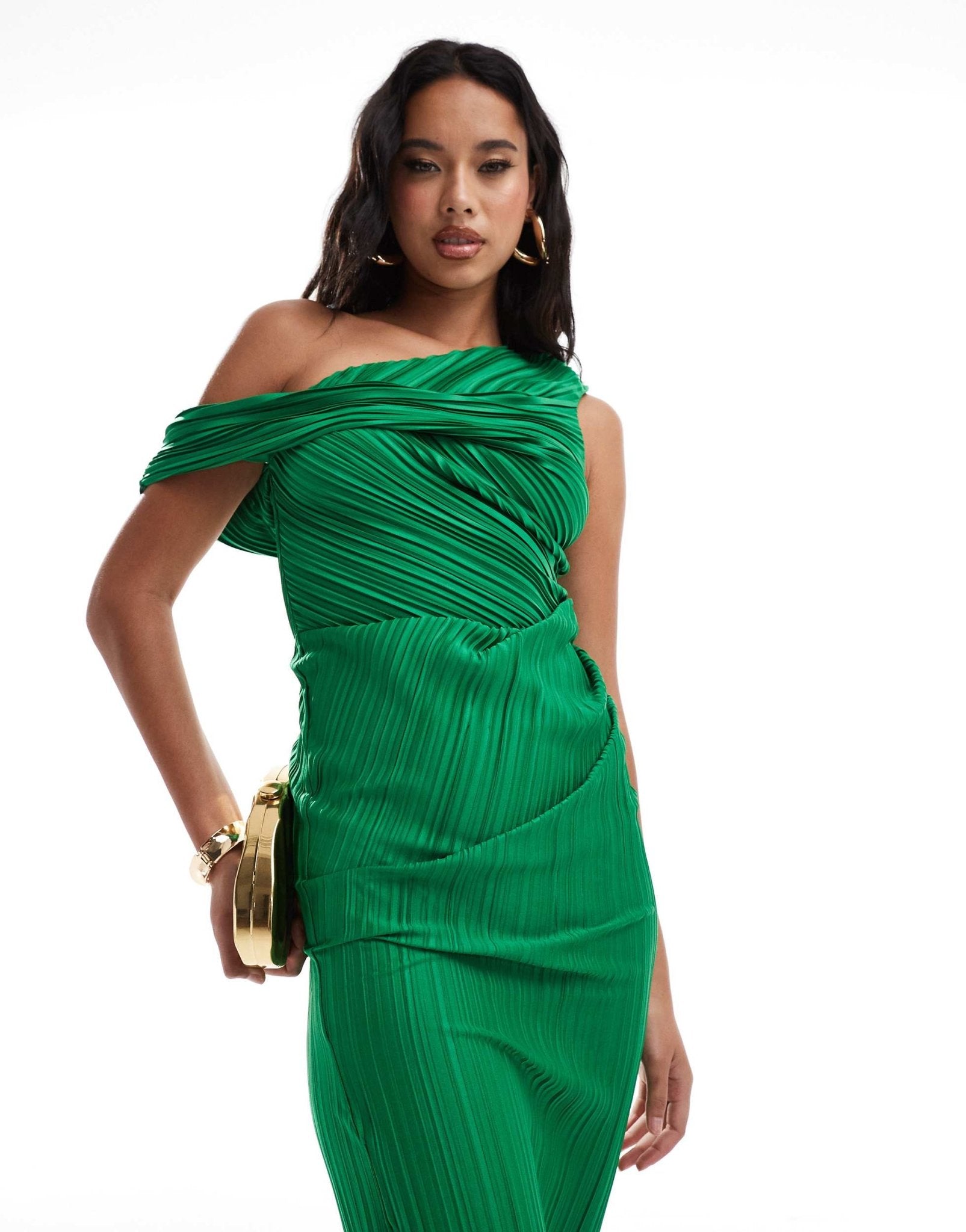 ASOS DESIGN plisse twist fallen shoulder midi dress in green - ASOS Sample Sale