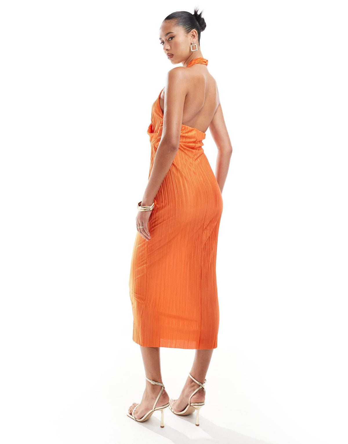 ASOS DESIGN plisse twisted halter neck midi dress in orange - ASOS Sample Sale