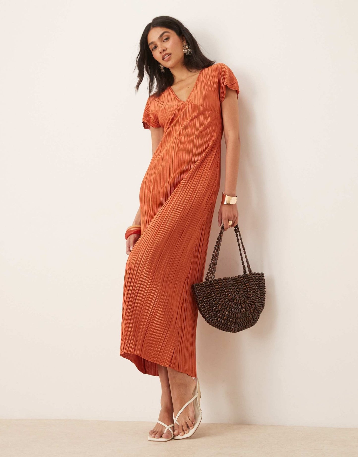 ASOS DESIGN plisse V neck midi dress in rust - ASOS Sample Sale