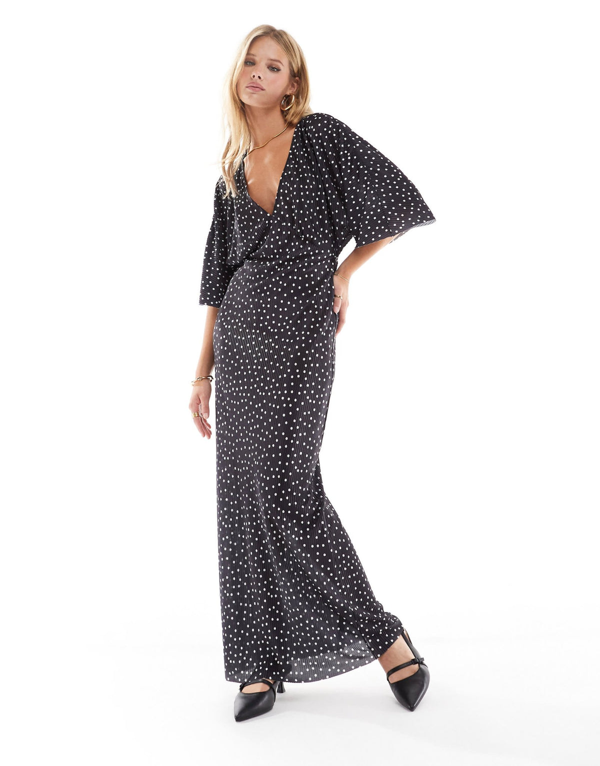 ASOS DESIGN plisse v-neck midi dress with batwing sleeve in polka dot print - ASOS Sample Sale