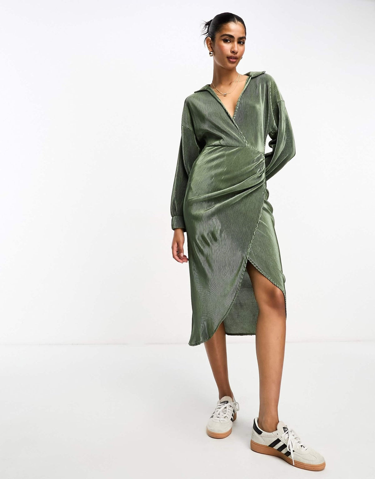 ASOS DESIGN plisse wrap collared midi dress in khaki - ASOS Sample Sale