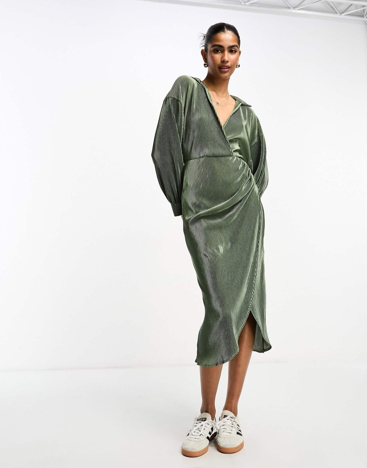 ASOS DESIGN plisse wrap collared midi dress in khaki - ASOS Sample Sale