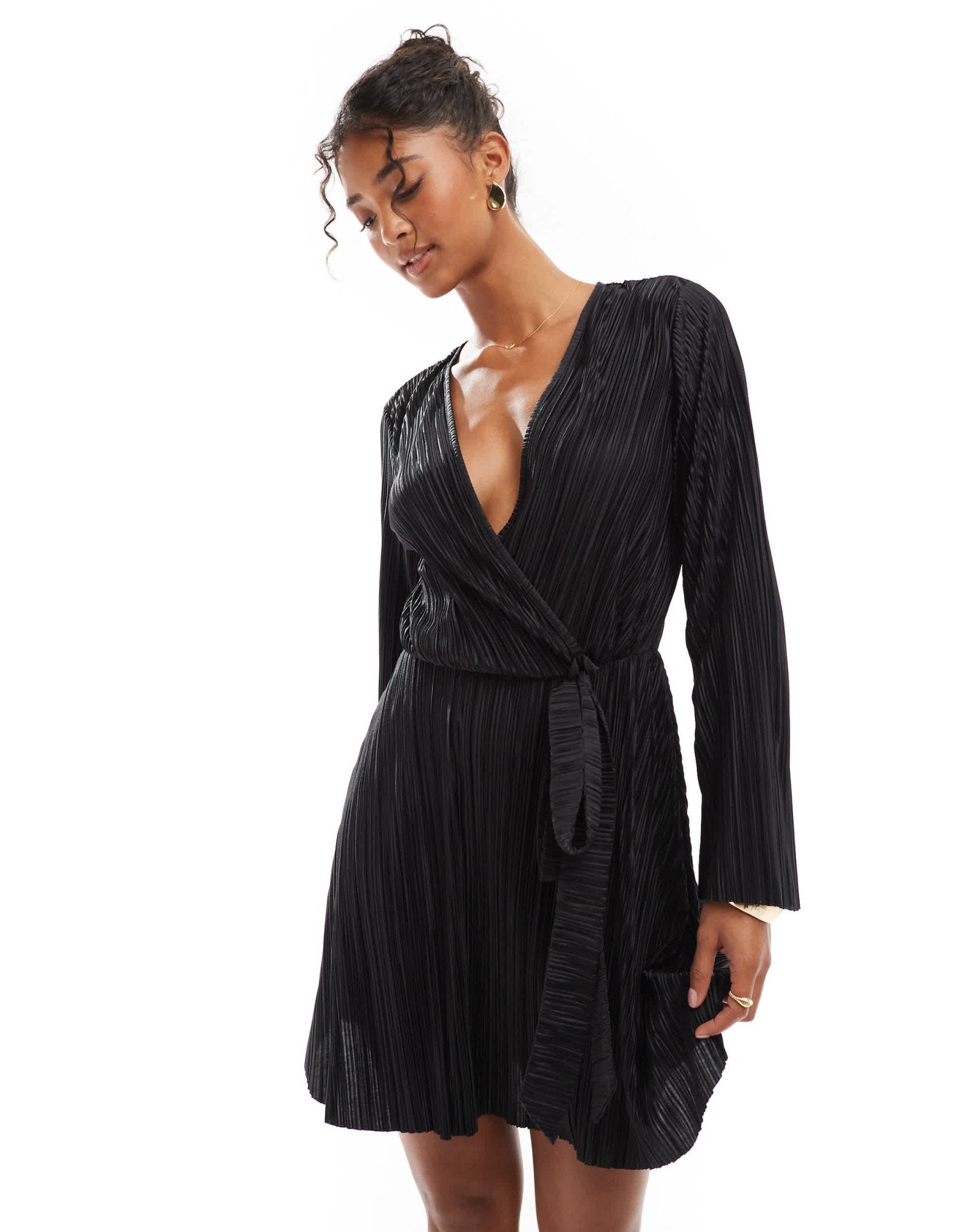 ASOS DESIGN plisse wrap tie front mini dress with wide sleeve in black - ASOS Sample Sale