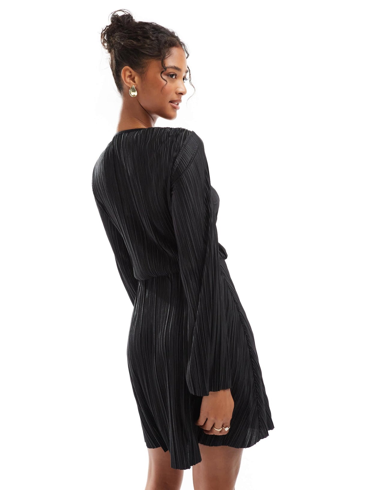 ASOS DESIGN plisse wrap tie front mini dress with wide sleeve in black - ASOS Sample Sale