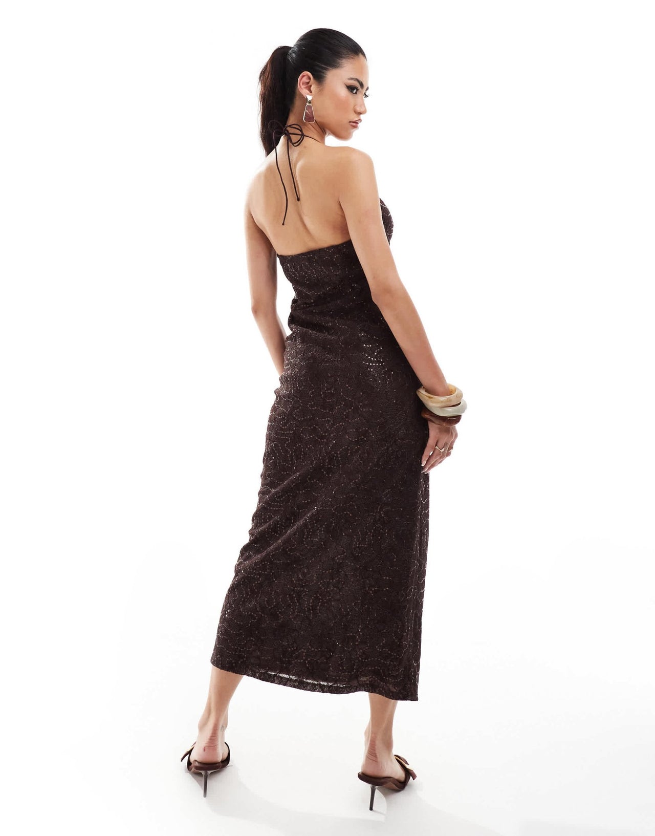 ASOS DESIGN plunge corset midi dress with lace up detail in sheer sequin chocolate lace - ASOS Sample Sale