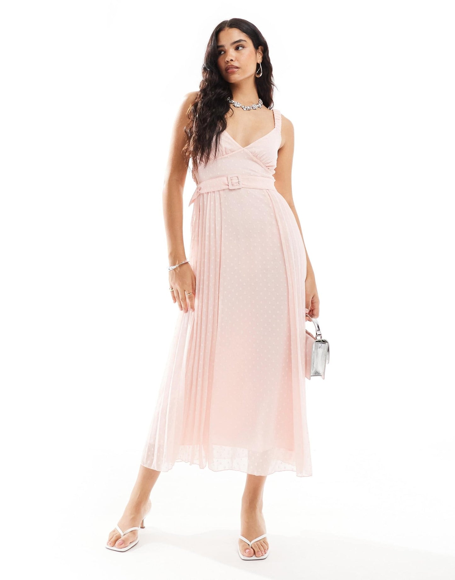 ASOS DESIGN plunge front pleated midi dress with waist belt in pastel pink - ASOS Sample Sale