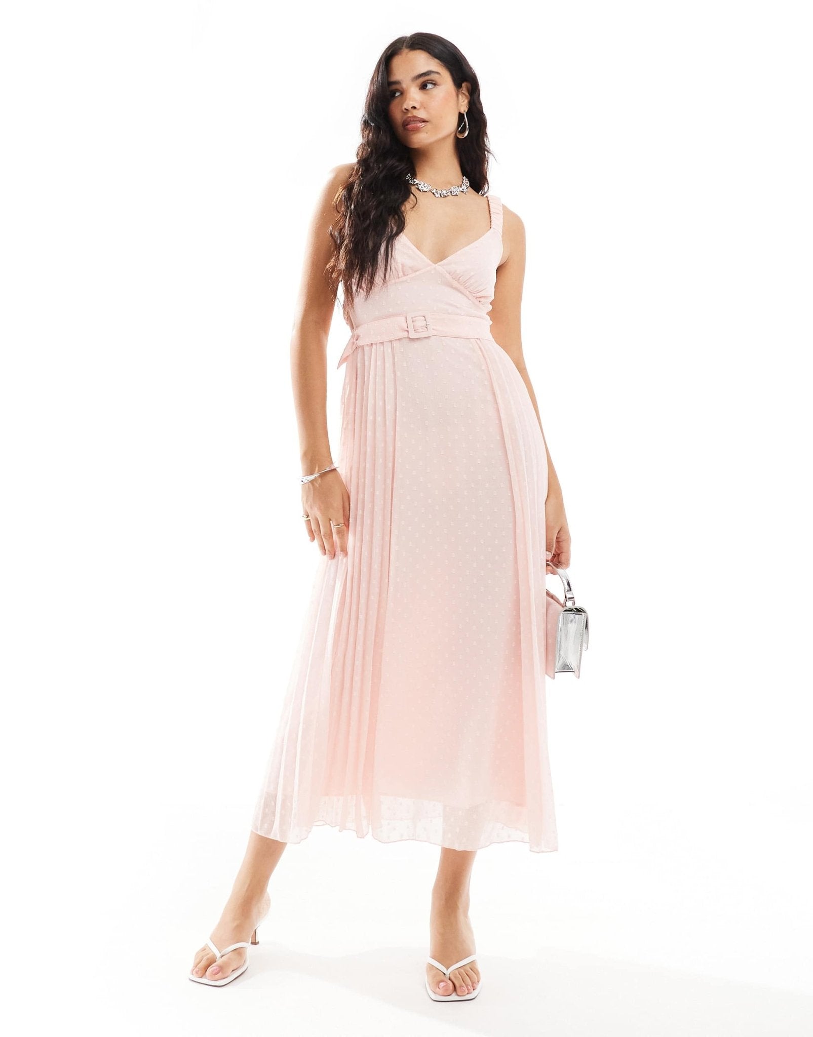 ASOS DESIGN plunge front pleated midi dress with waist belt in pastel pink - ASOS Sample Sale