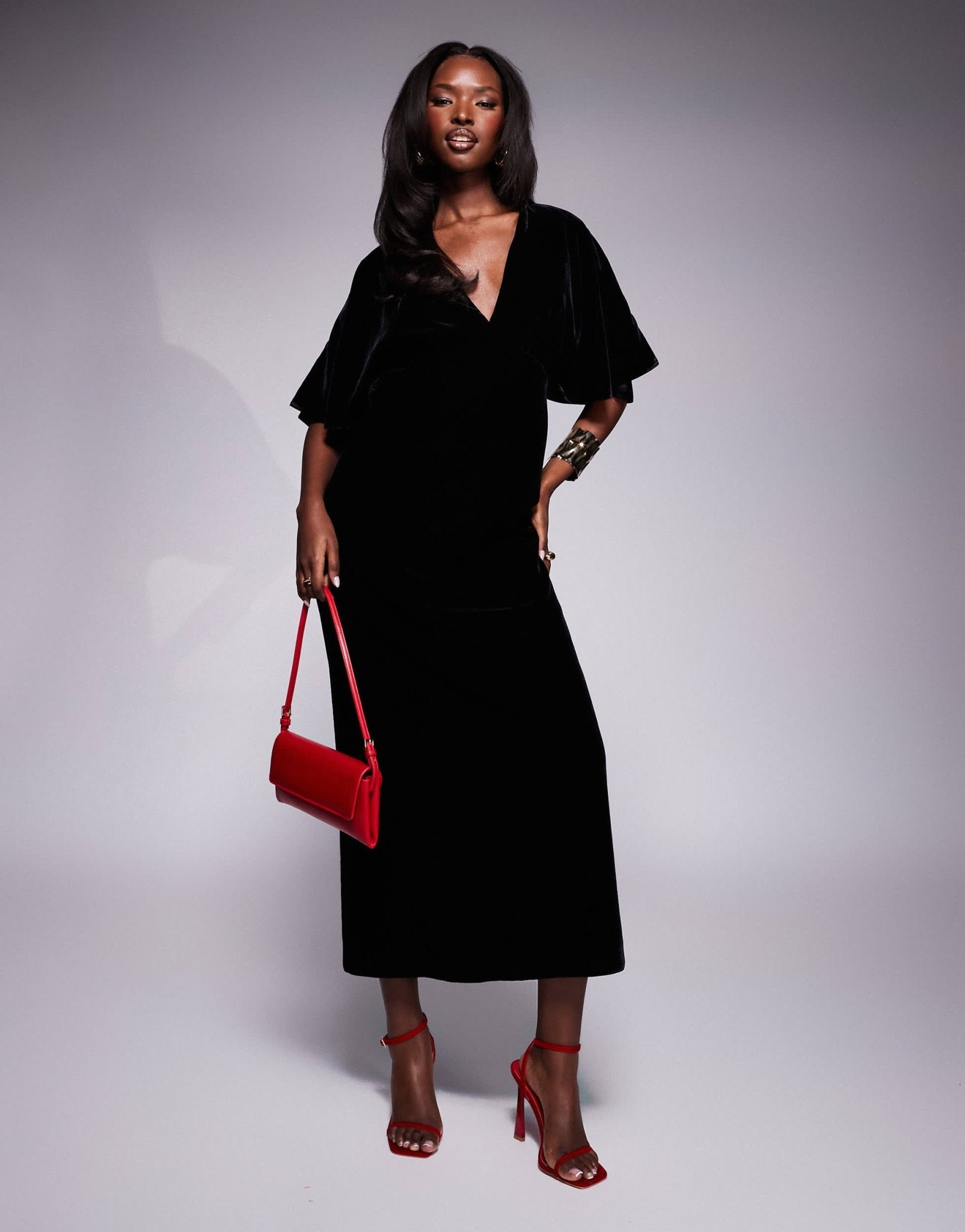 ASOS DESIGN plunge front velvet flutter sleeve midaxi dress in black - ASOS Sample Sale