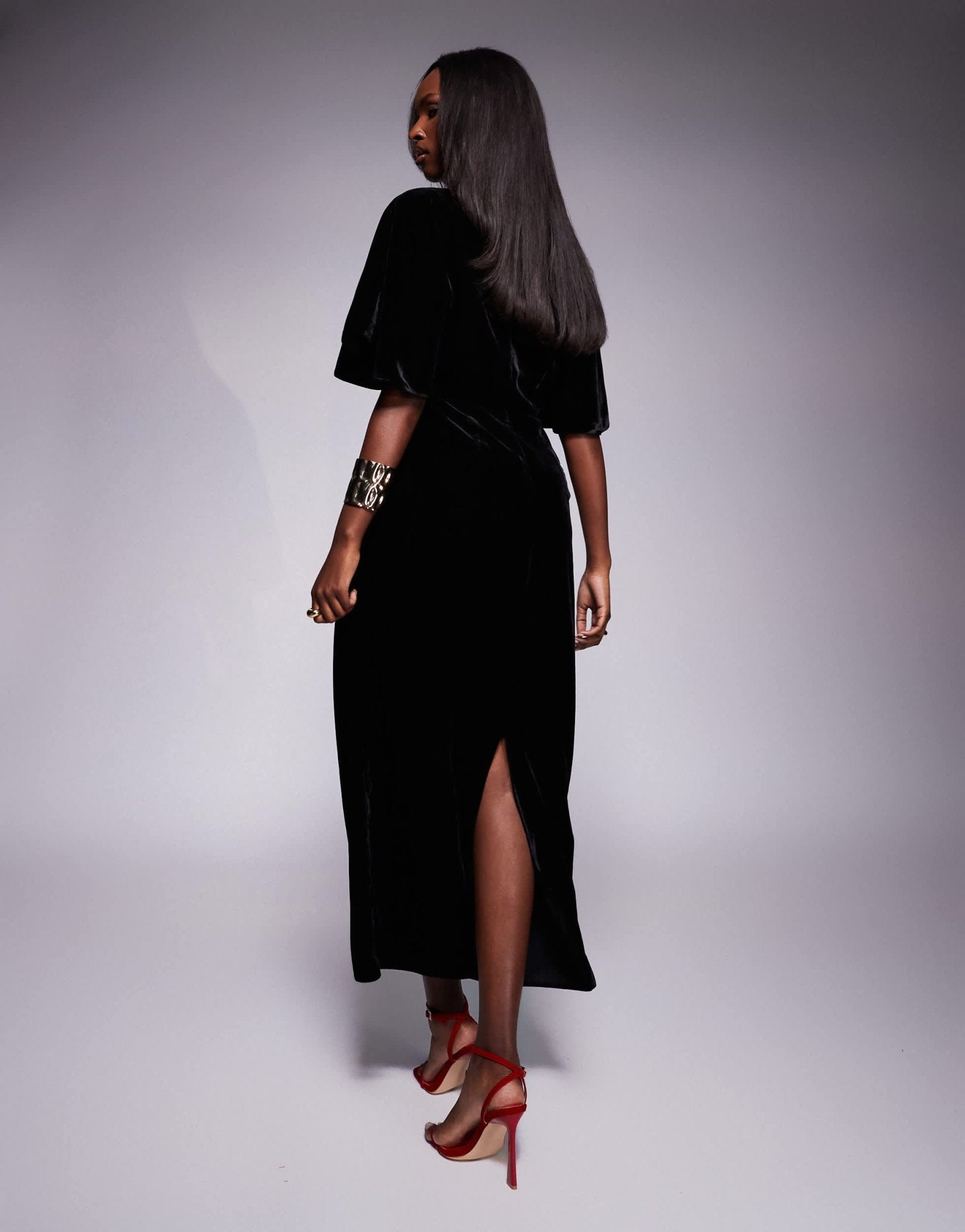 ASOS DESIGN plunge front velvet flutter sleeve midaxi dress in black - ASOS Sample Sale