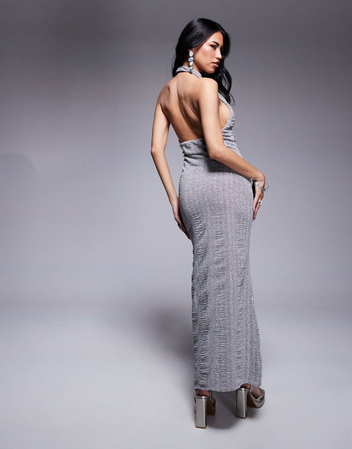ASOS DESIGN plunge halter neck maxi dress in silver - ASOS Sample Sale