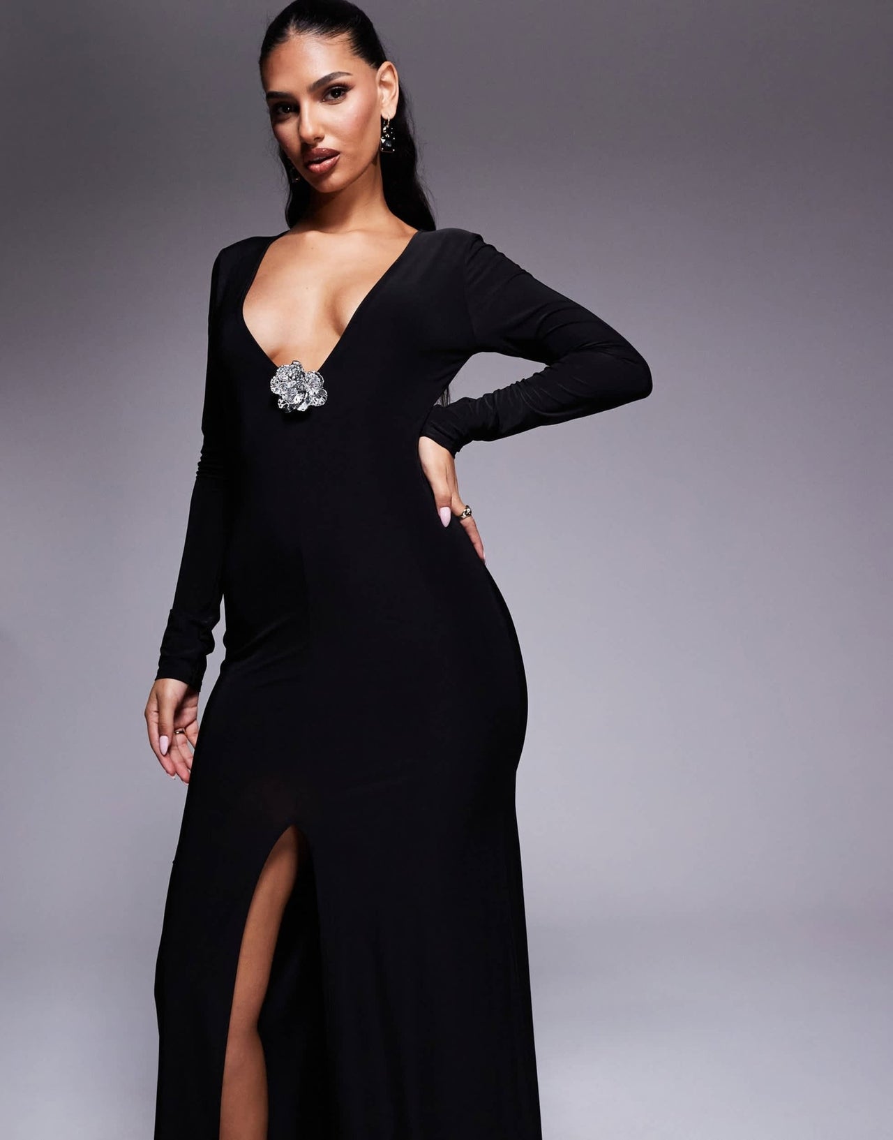 ASOS DESIGN plunge long sleeve maxi dress with corsage trim in black - ASOS Sample Sale