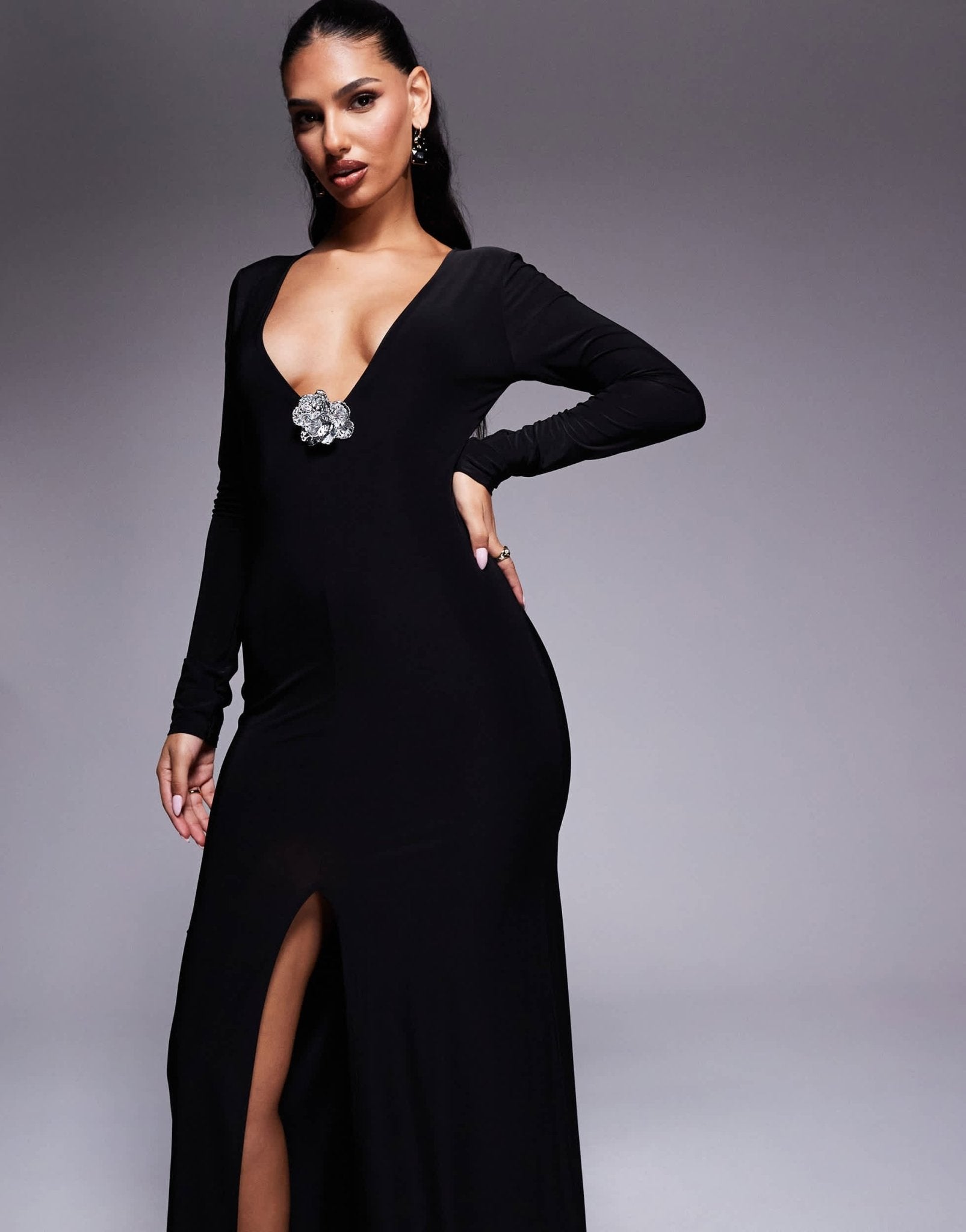 ASOS DESIGN plunge long sleeve maxi dress with corsage trim in black - ASOS Sample Sale