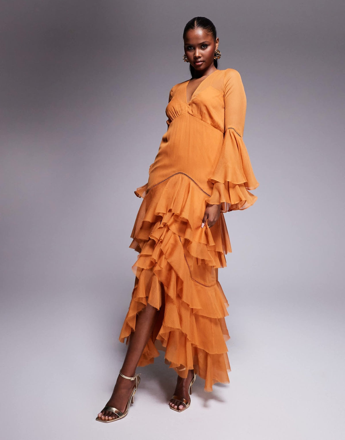 ASOS DESIGN plunge ruffle tiered maxi dress with lace inserts in rust - ASOS Sample Sale