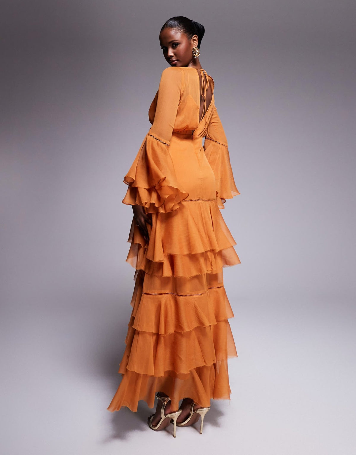 ASOS DESIGN plunge ruffle tiered maxi dress with lace inserts in rust - ASOS Sample Sale