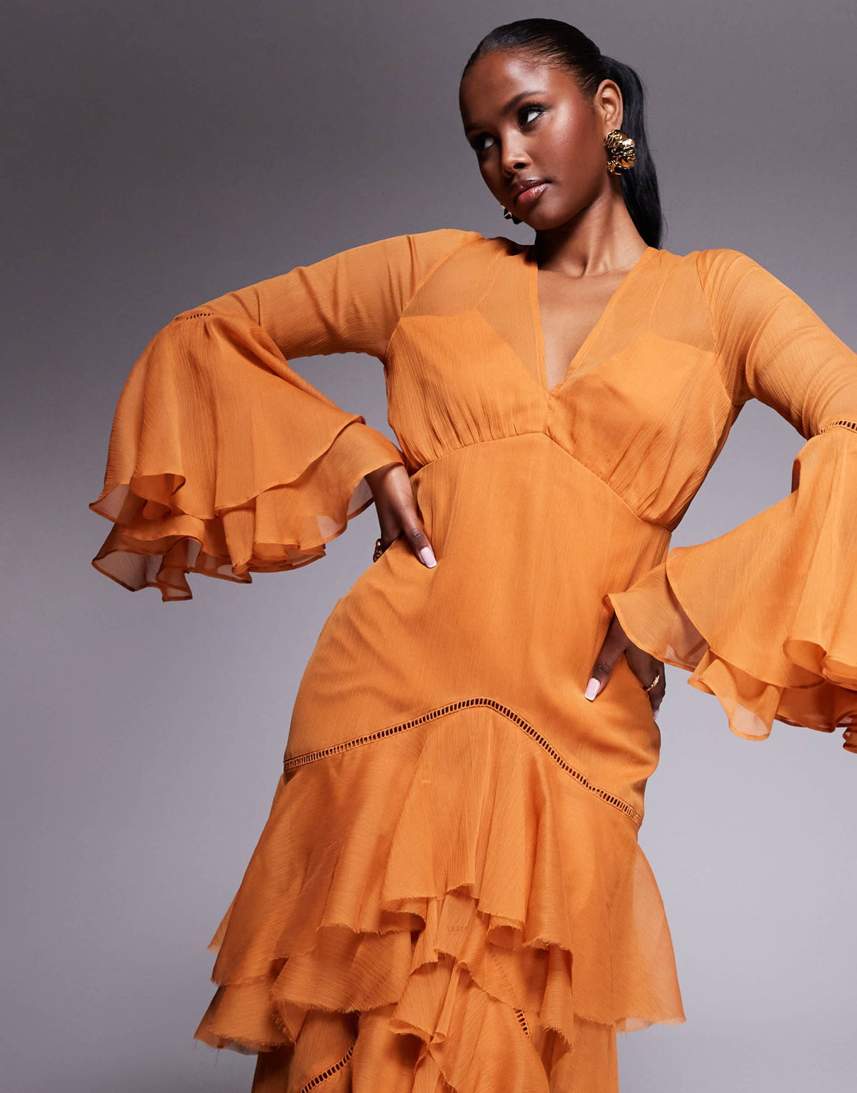 ASOS DESIGN plunge ruffle tiered maxi dress with lace inserts in rust - ASOS Sample Sale