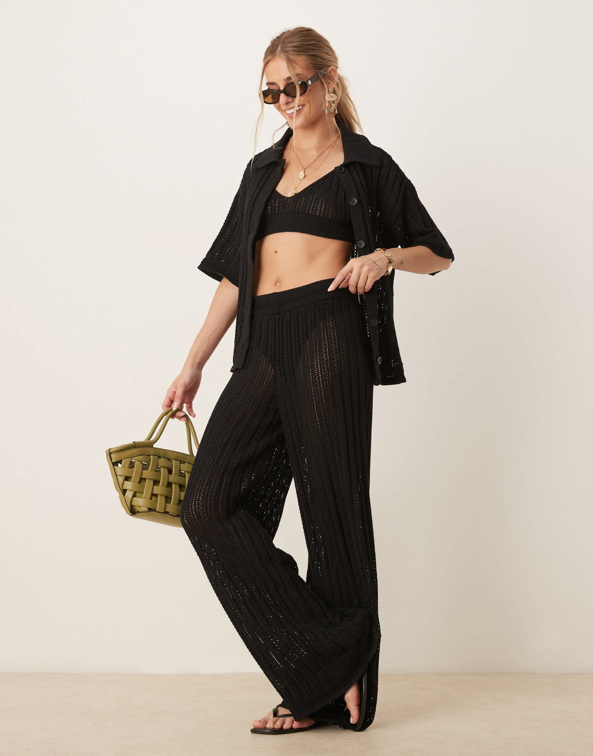 ASOS DESIGN pointelle palazzo trousers co-ord in black - ASOS Sample Sale