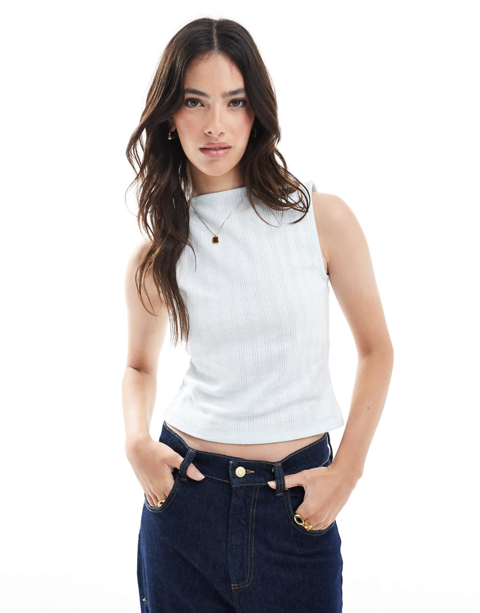 ASOS DESIGN pointelle slash neck top with low back in baby blue - ASOS Sample Sale