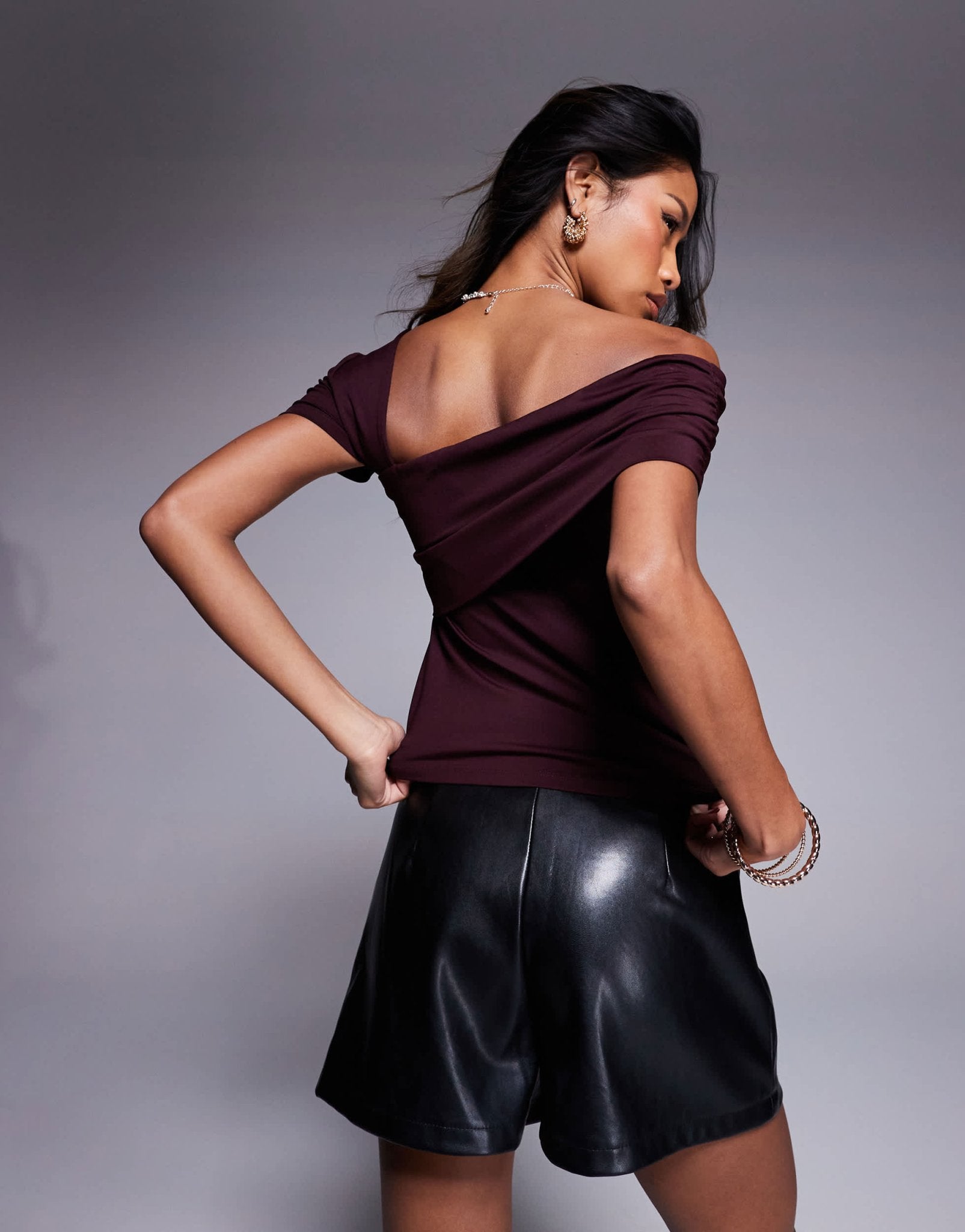 ASOS DESIGN polyamide asymmetric top with cap sleeve in plum - ASOS Sample Sale