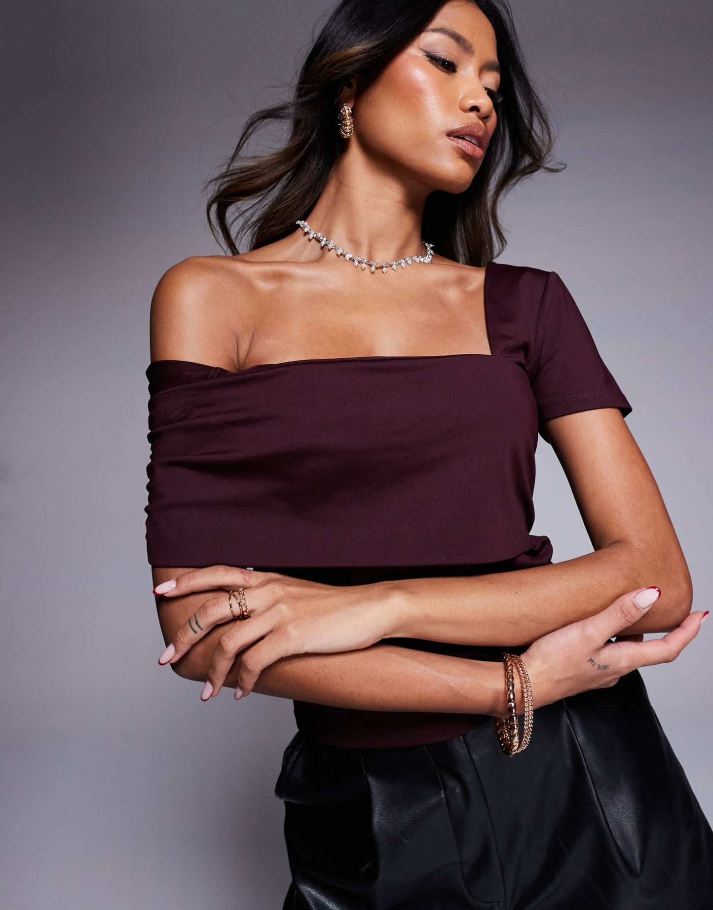 ASOS DESIGN polyamide asymmetric top with cap sleeve in plum - ASOS Sample Sale