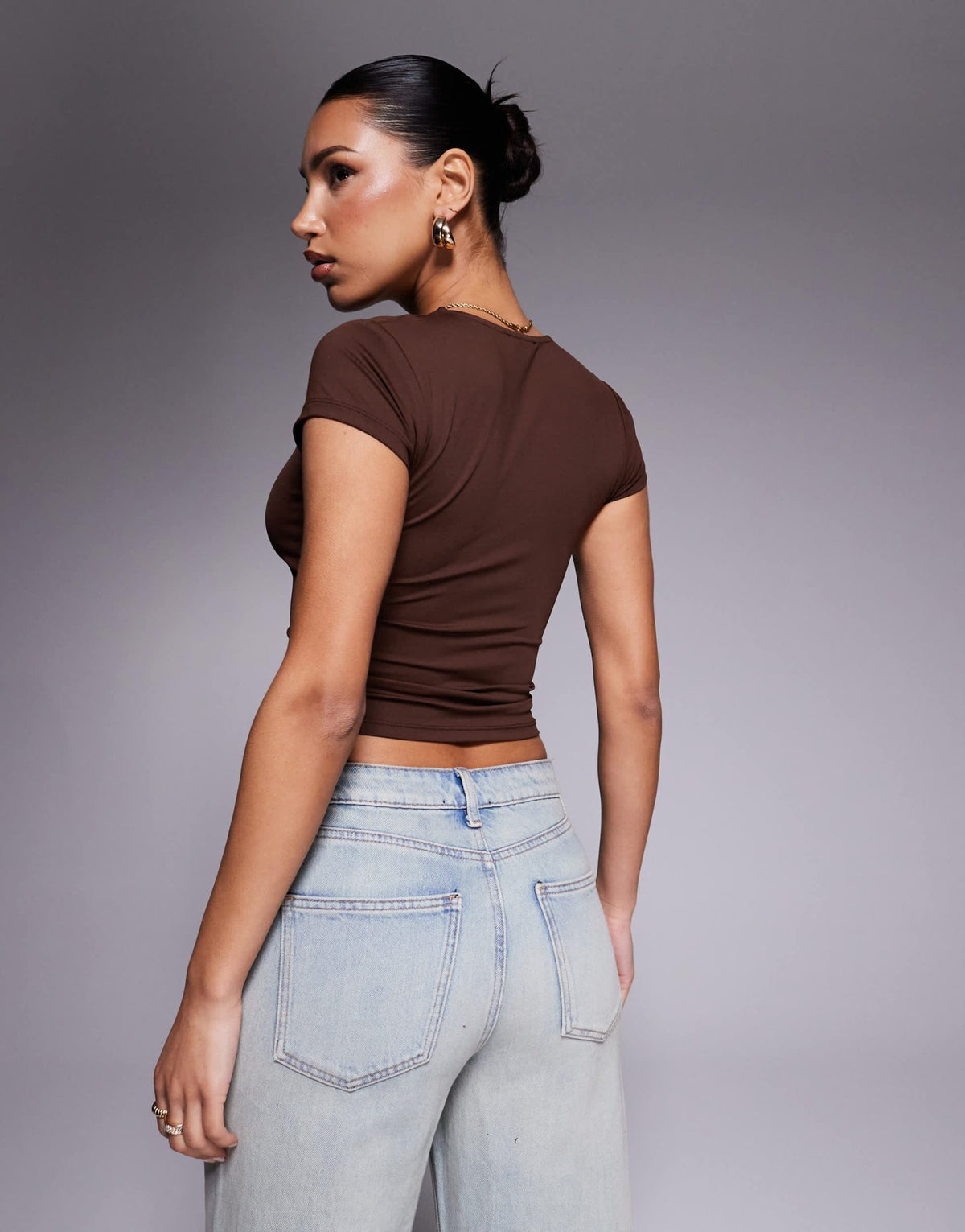 ASOS DESIGN polyamide slinky short sleeve top in chocolate - ASOS Sample Sale