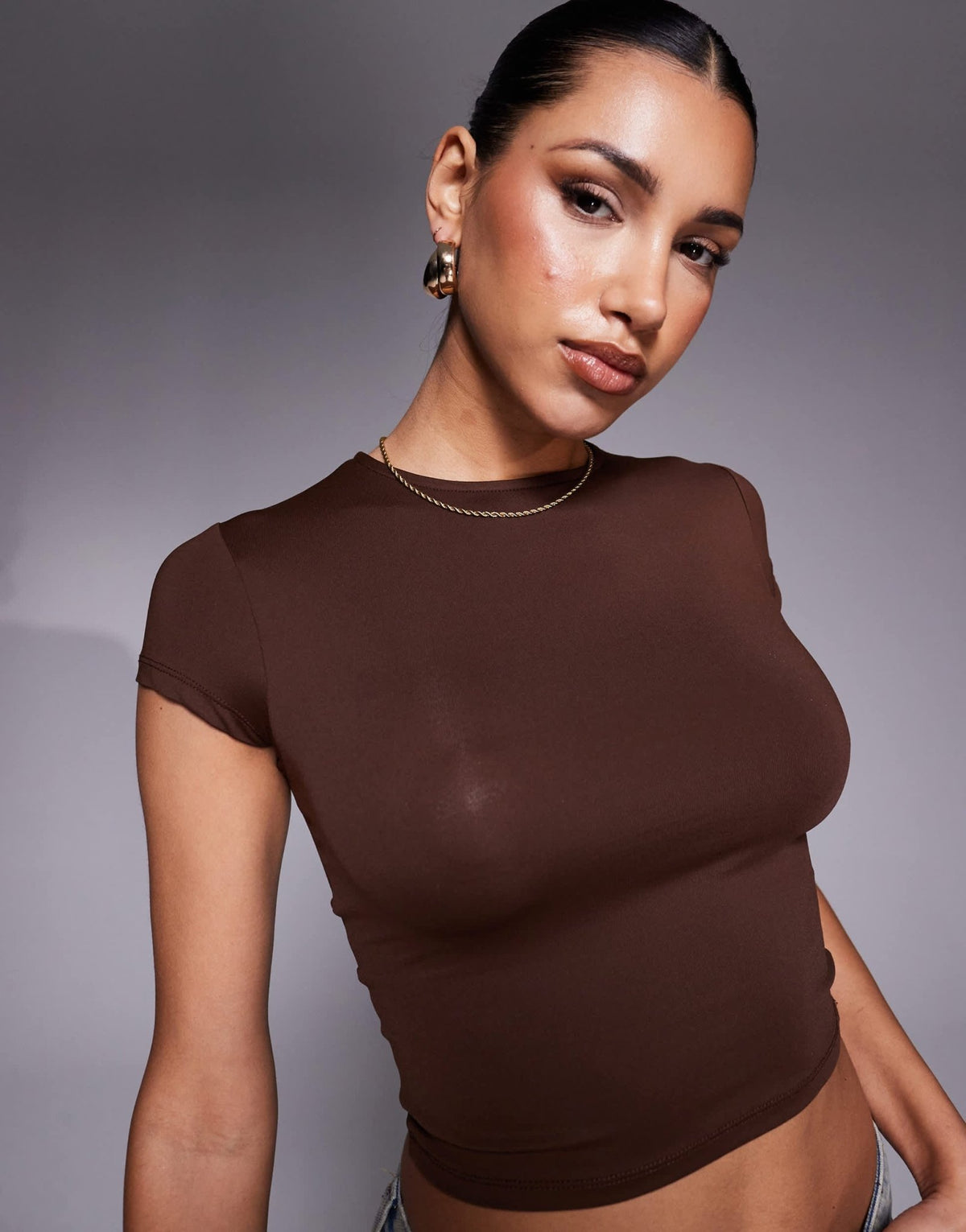 ASOS DESIGN polyamide slinky short sleeve top in chocolate - ASOS Sample Sale