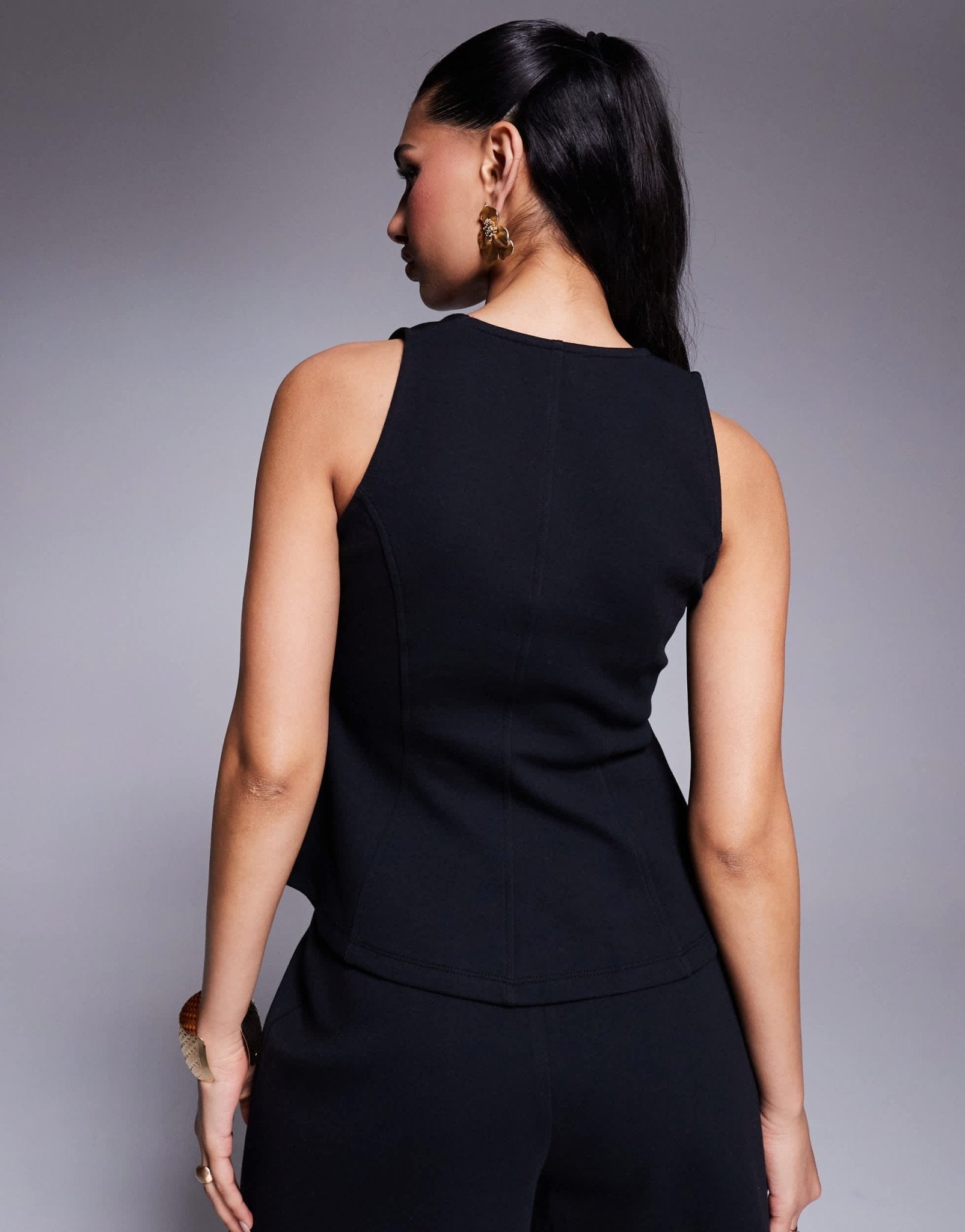 ASOS DESIGN ponte cinch waist square neck button down top in black - ASOS Sample Sale