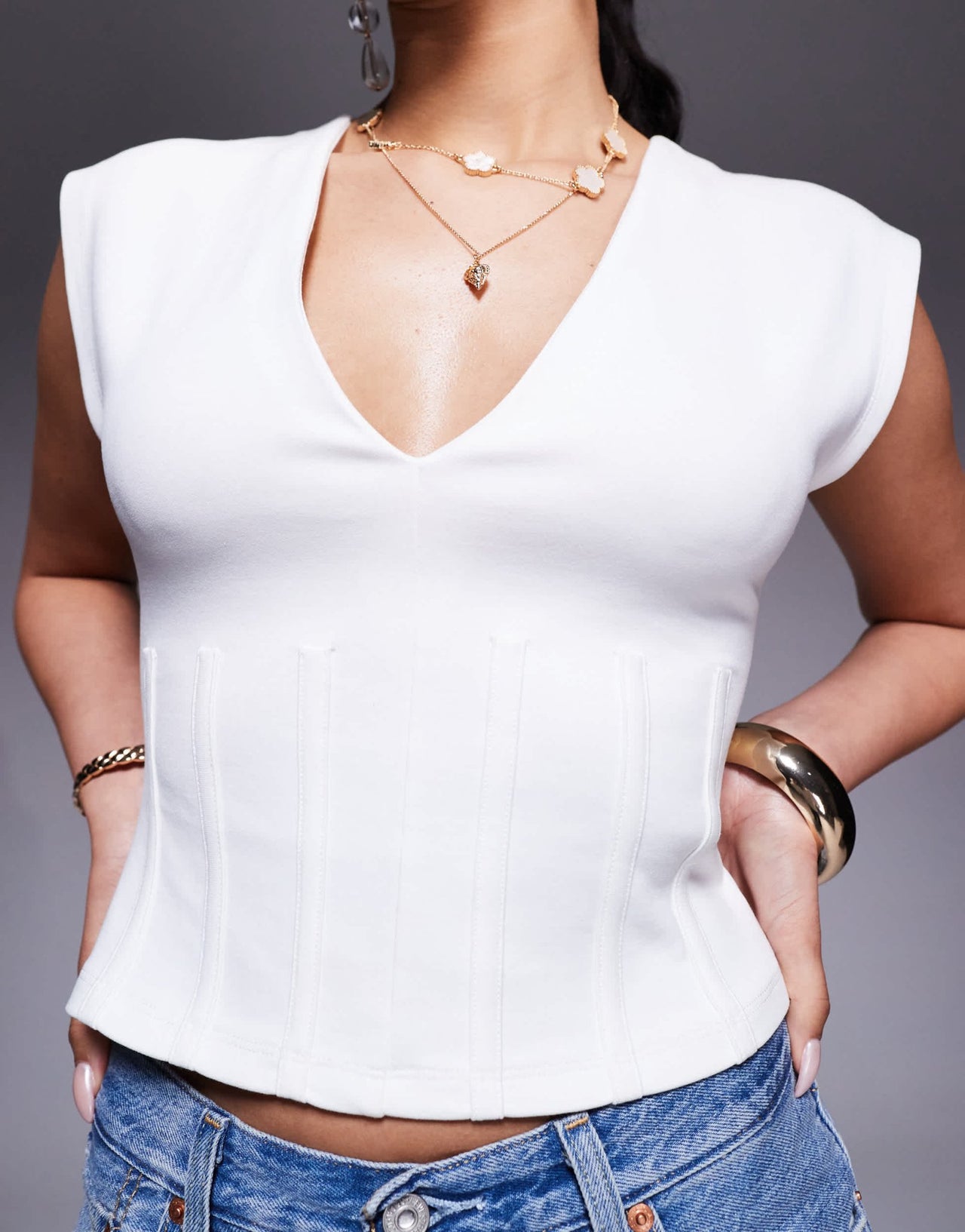 ASOS DESIGN ponte cinched pleat waist plunge neckline top in ivory - ASOS Sample Sale