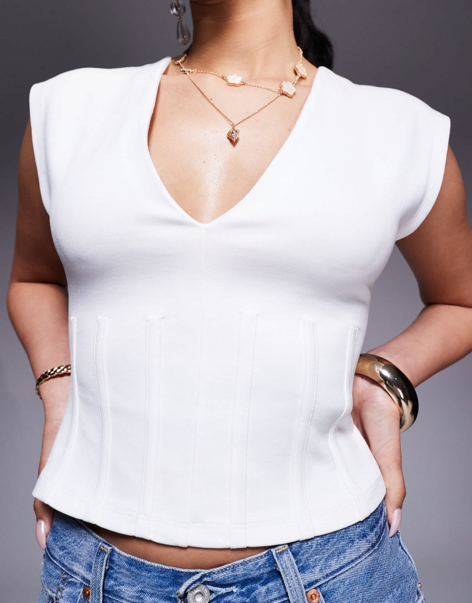 ASOS DESIGN ponte cinched pleat waist plunge neckline top in ivory - ASOS Sample Sale