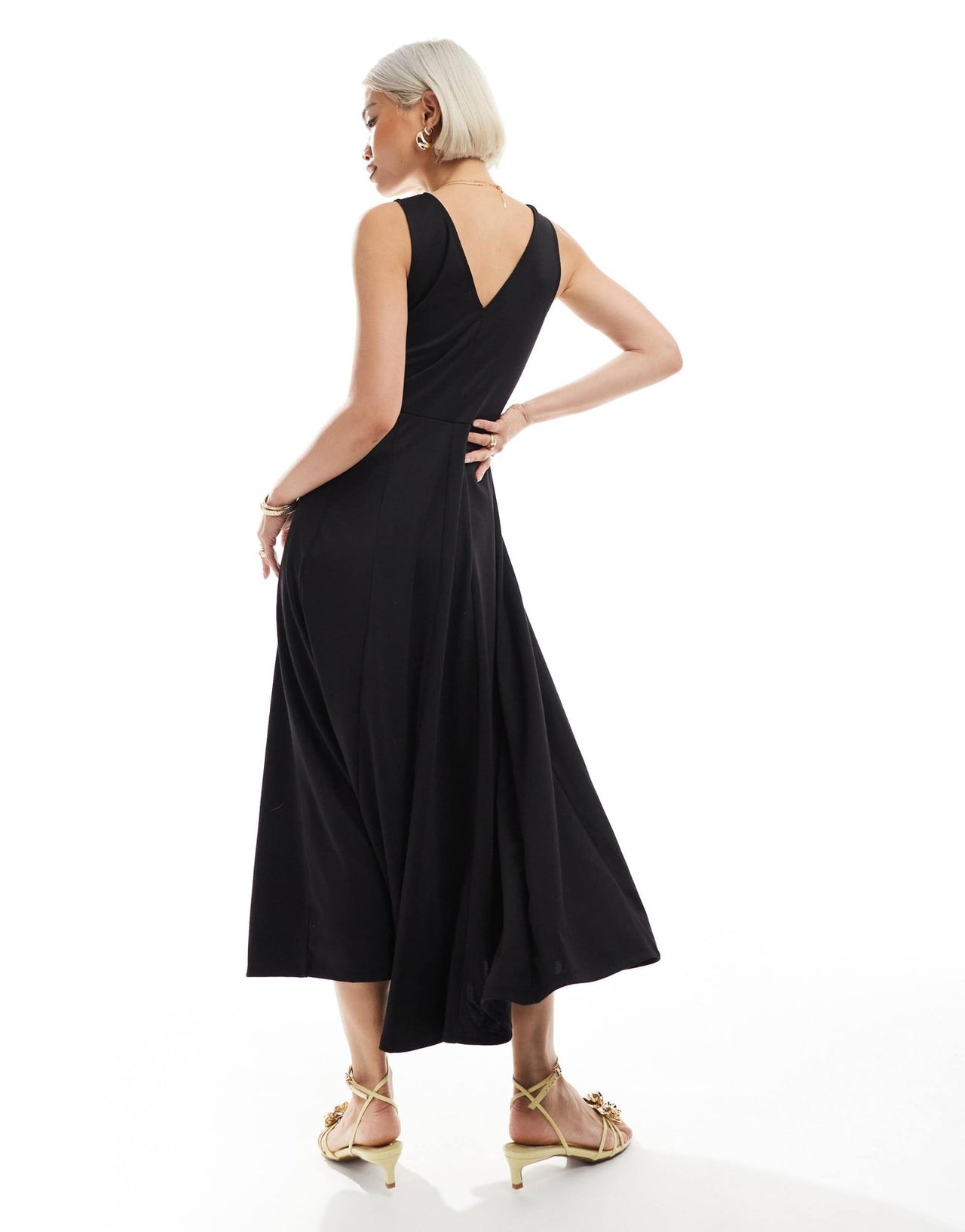 ASOS DESIGN ponte sleeveless V neck godet midi dress in black - ASOS Sample Sale