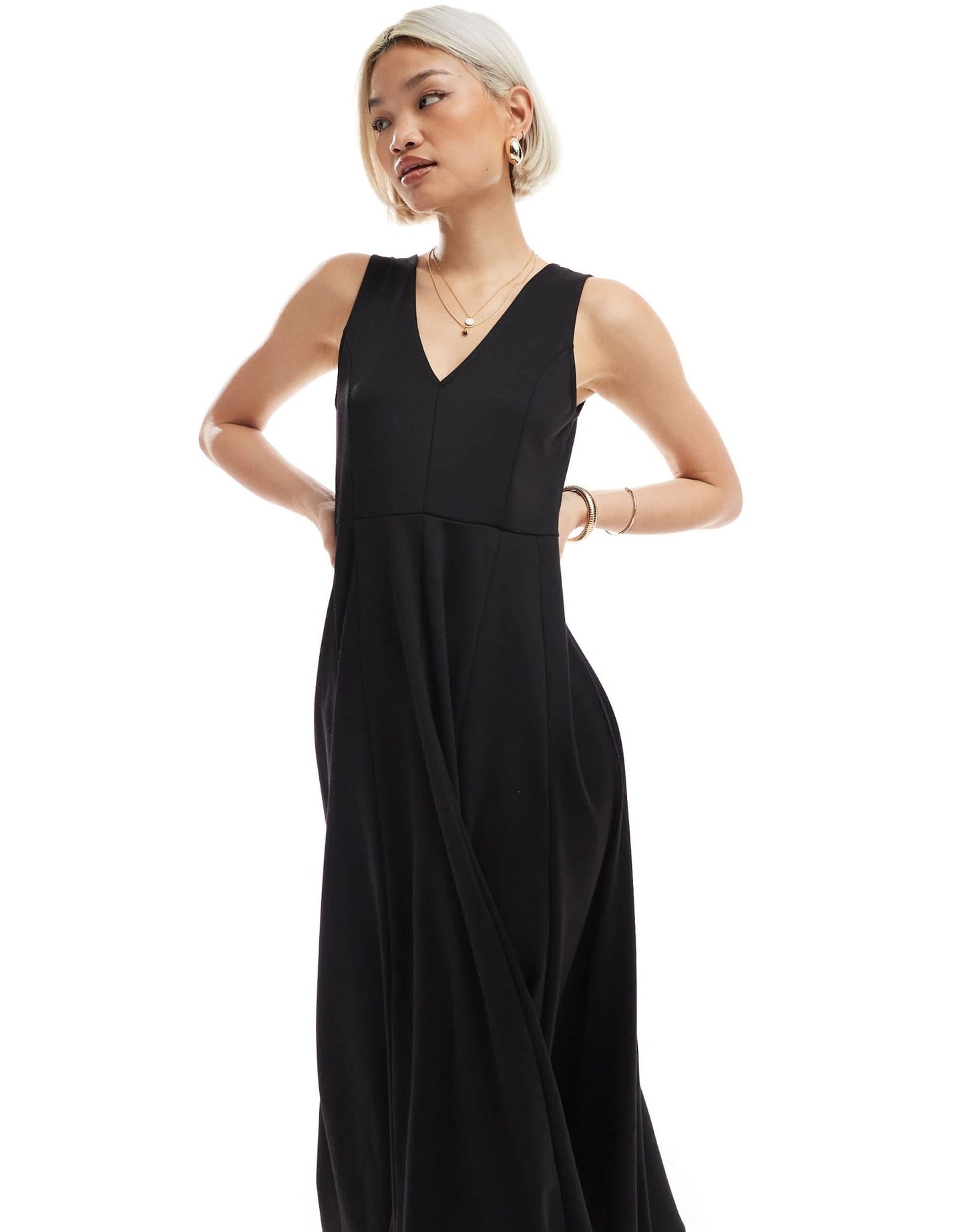 ASOS DESIGN ponte sleeveless V neck godet midi dress in black - ASOS Sample Sale