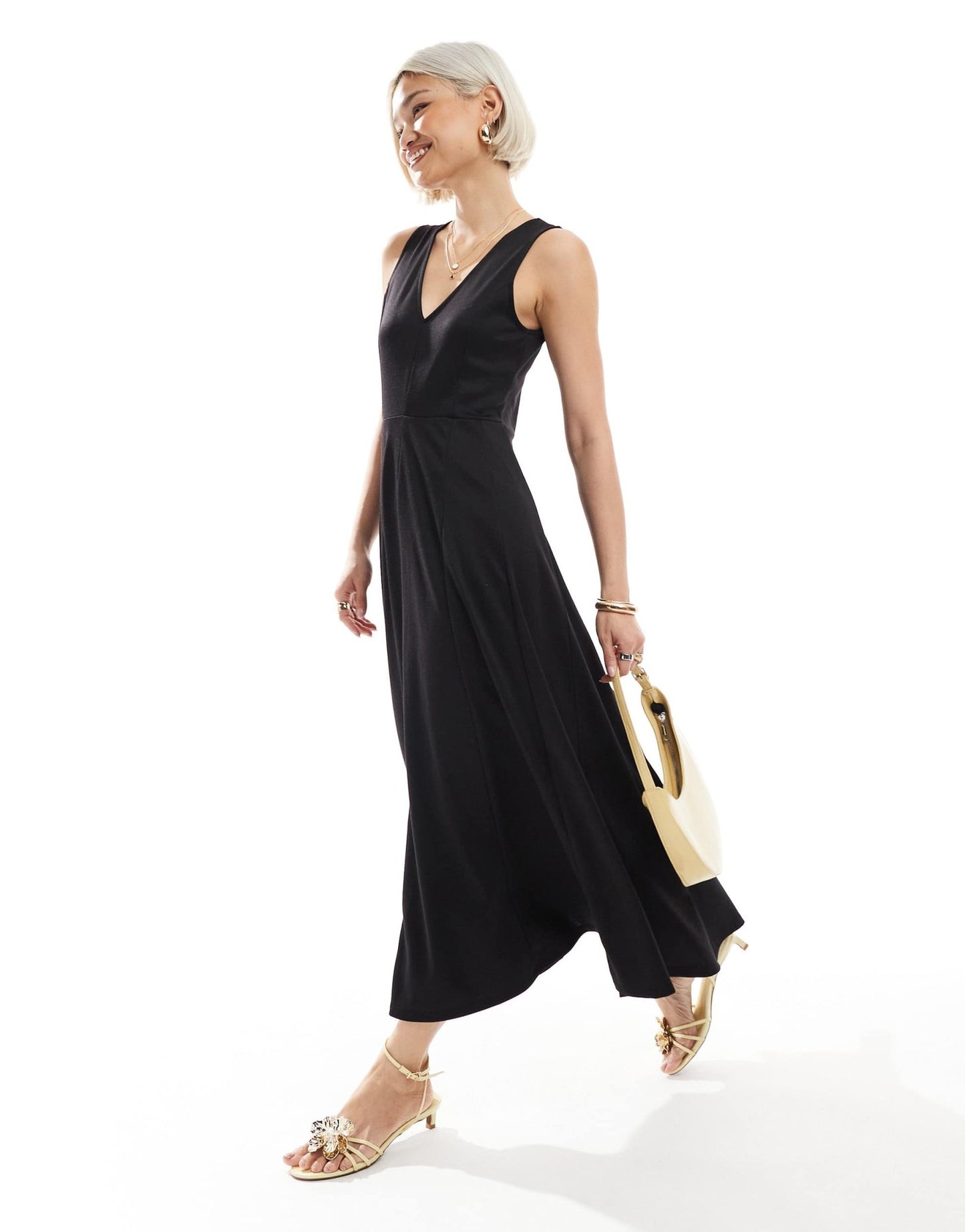 ASOS DESIGN ponte sleeveless V neck godet midi dress in black - ASOS Sample Sale