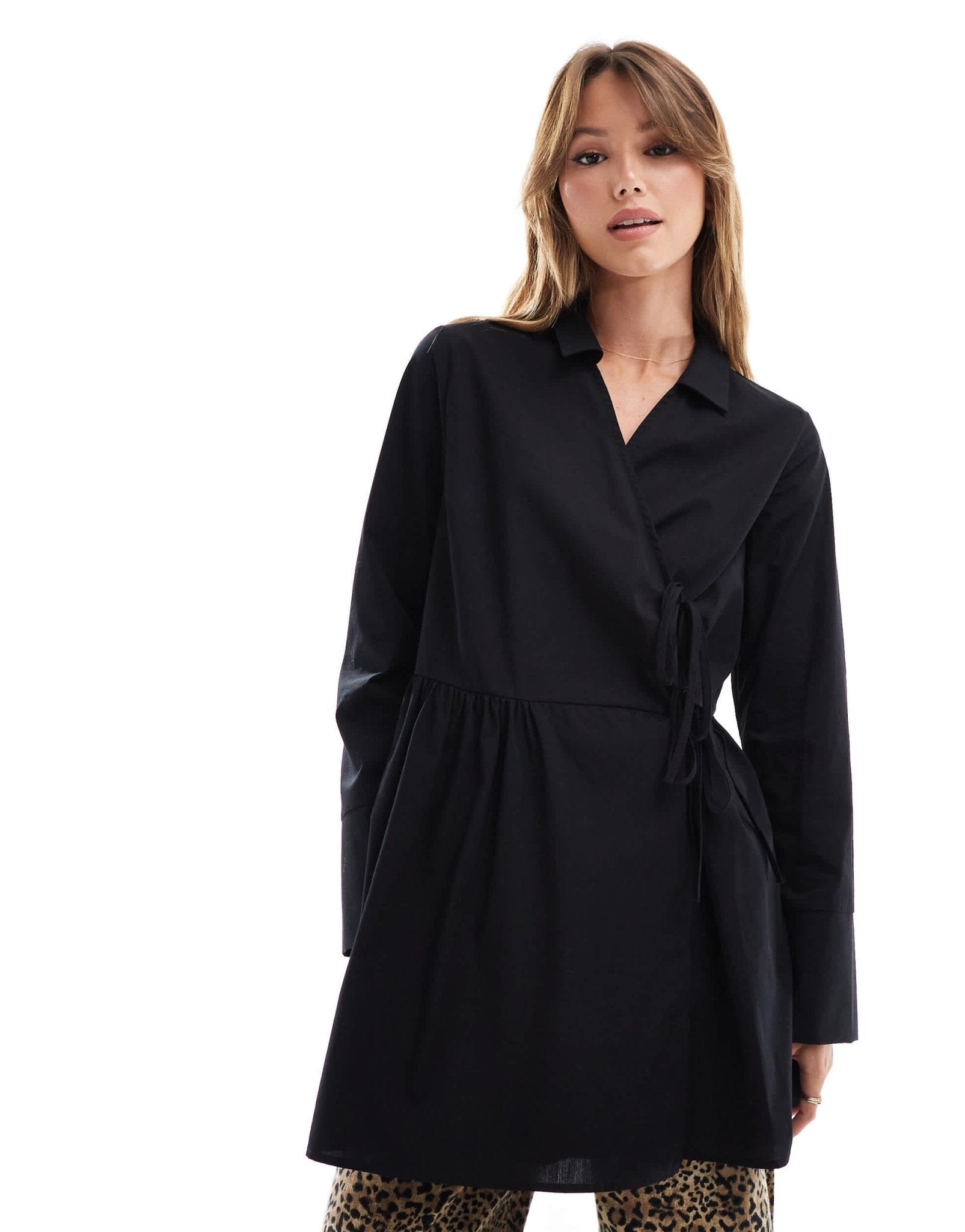 ASOS DESIGN poplin asym tie detail mini shirt dress in black - ASOS Sample Sale
