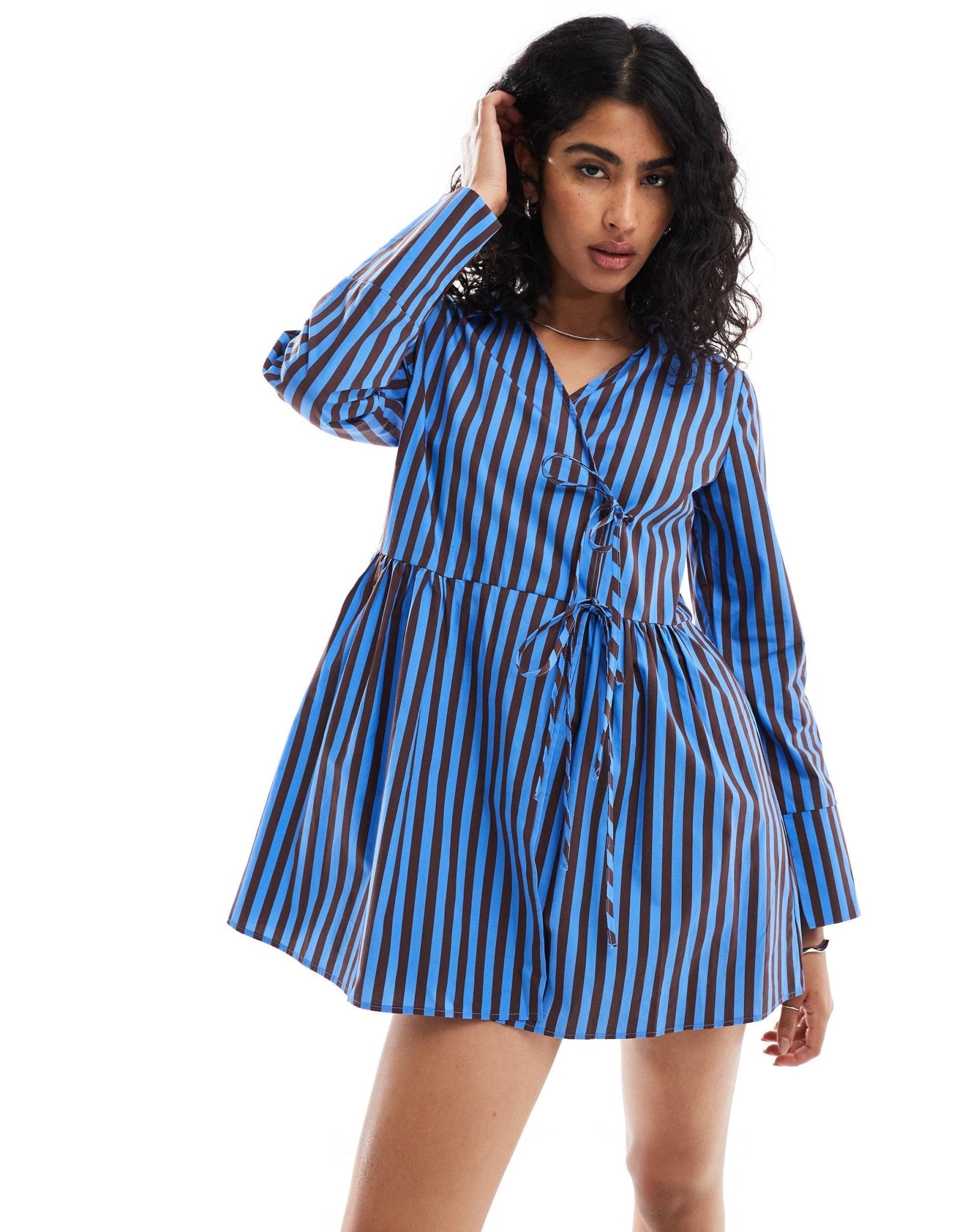 ASOS DESIGN poplin asym tie detail mini shirt dress in black in blue stripe - ASOS Sample Sale