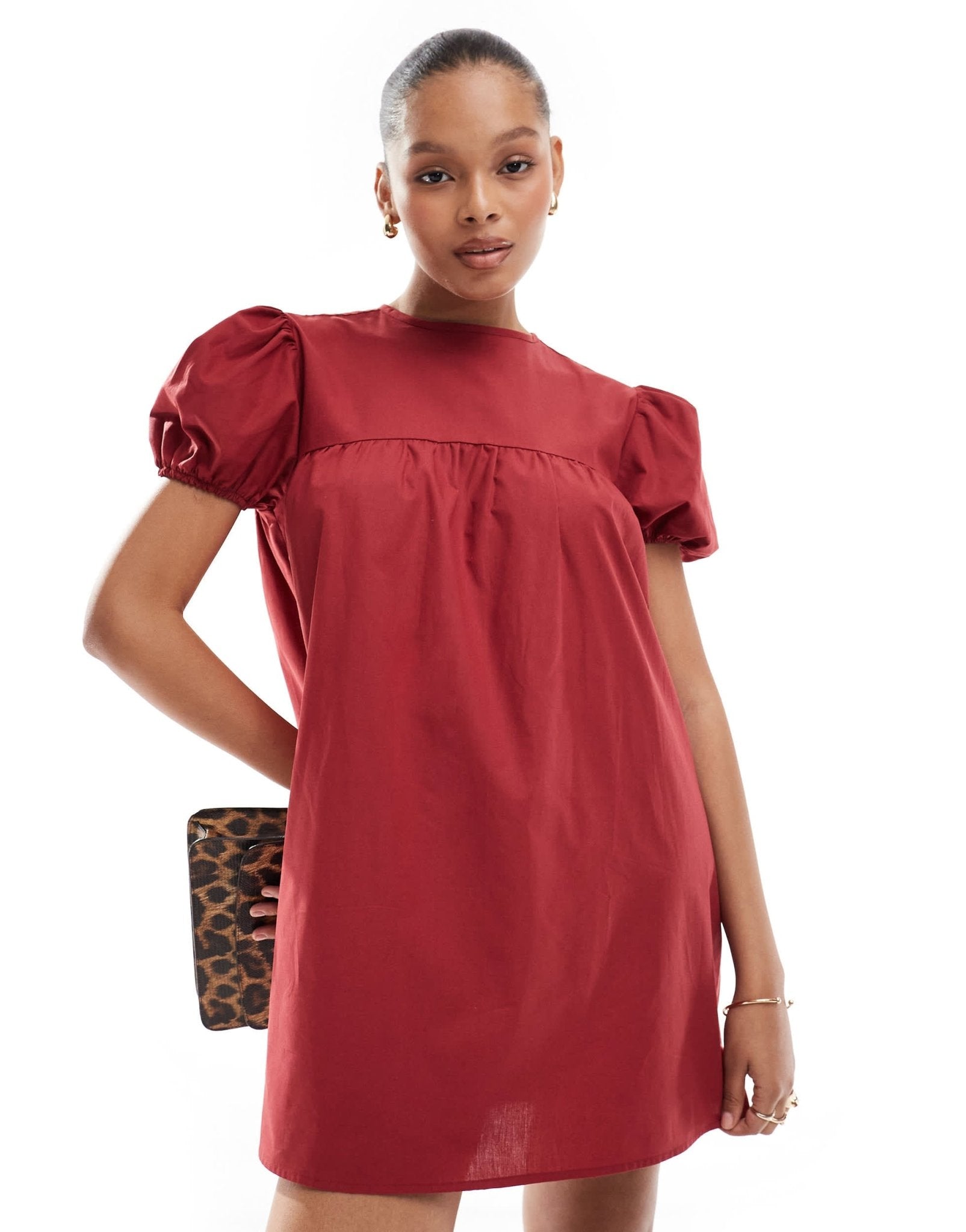 ASOS DESIGN poplin babydoll smock dress with puff sleeve in red - ASOS Sample Sale