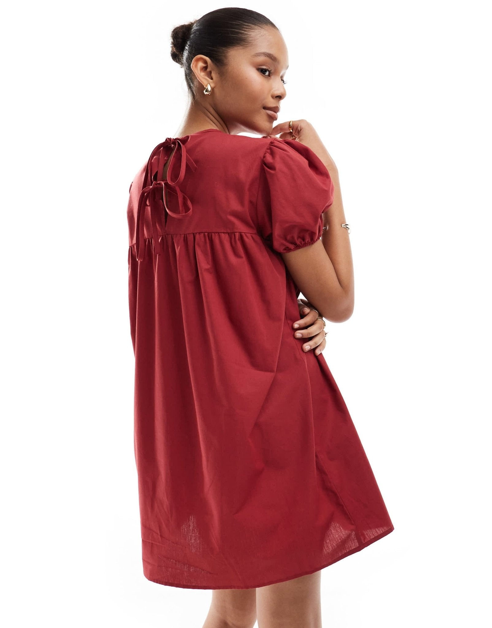 ASOS DESIGN poplin babydoll smock dress with puff sleeve in red - ASOS Sample Sale