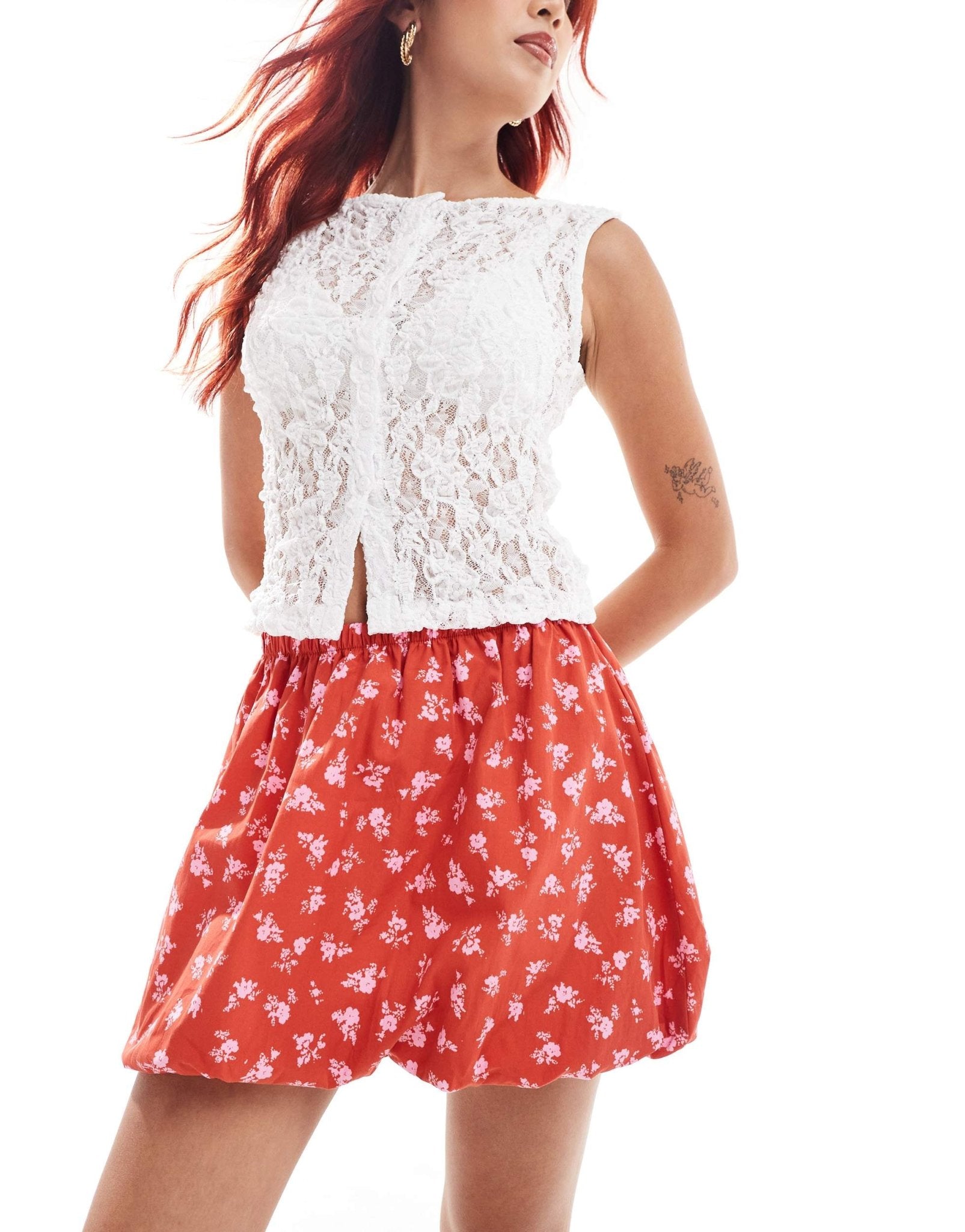 ASOS DESIGN poplin bubble hem mini skirt in red ditsy - ASOS Sample Sale