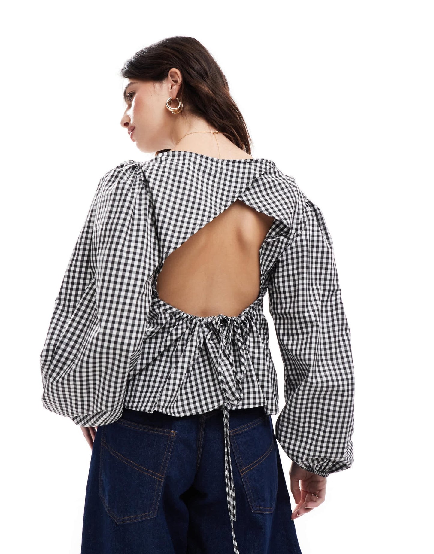 ASOS DESIGN poplin long sleeve ruched back blouse in black gingham - ASOS Sample Sale