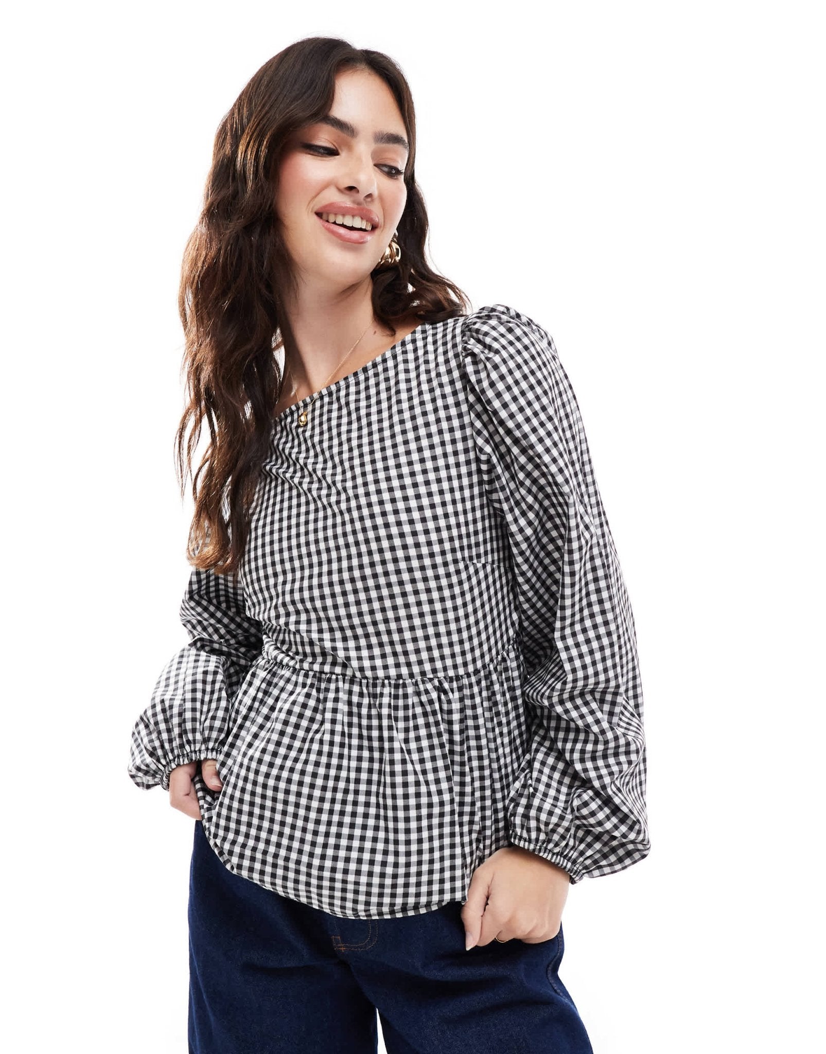 ASOS DESIGN poplin long sleeve ruched back blouse in black gingham - ASOS Sample Sale