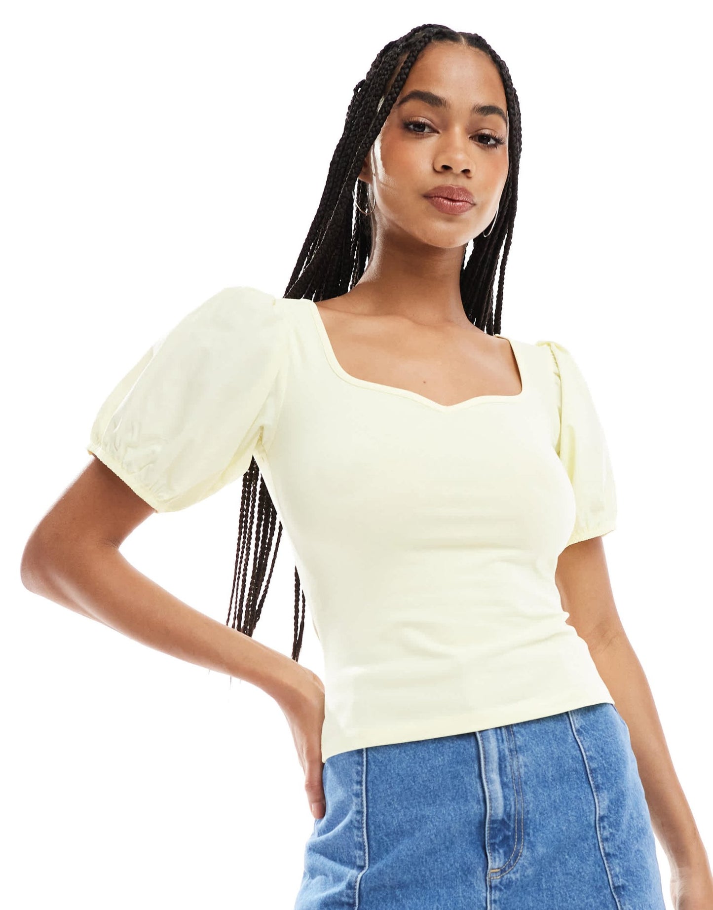 ASOS DESIGN poplin mix puff sleeve sweetheart top in buttermilk yellow - ASOS Sample Sale