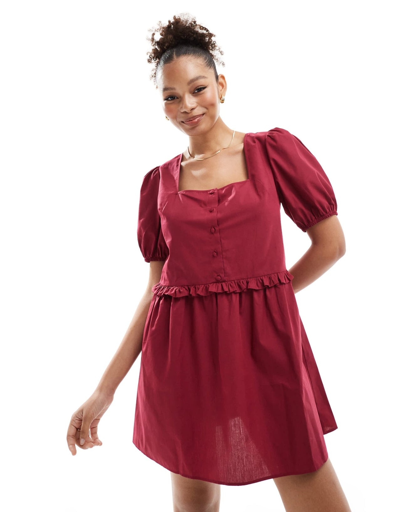 ASOS DESIGN poplin ruffle waistband smock dress in oxblood - ASOS Sample Sale
