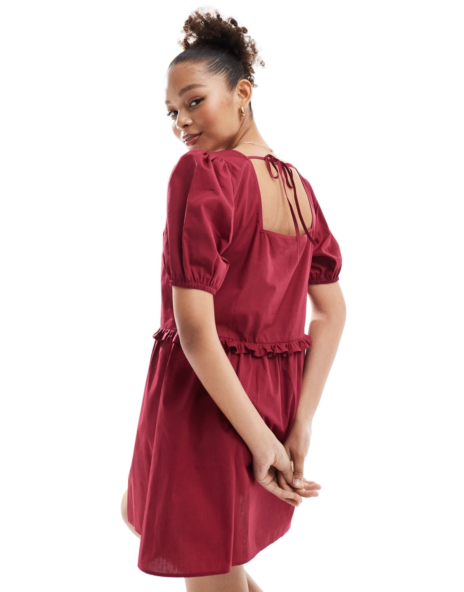 ASOS DESIGN poplin ruffle waistband smock dress in oxblood - ASOS Sample Sale