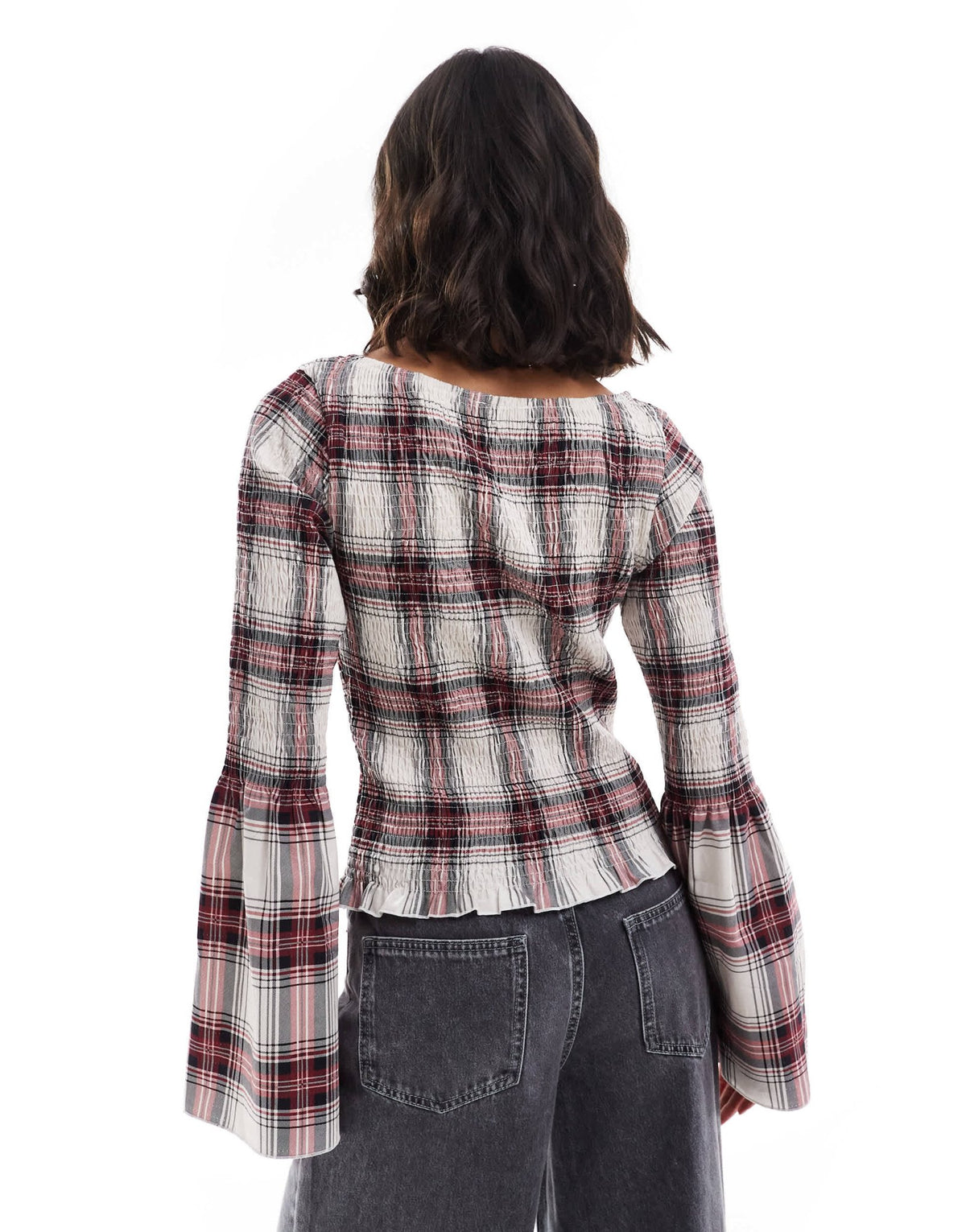 ASOS DESIGN poplin shirred angel sleeve top in red check - ASOS Sample Sale