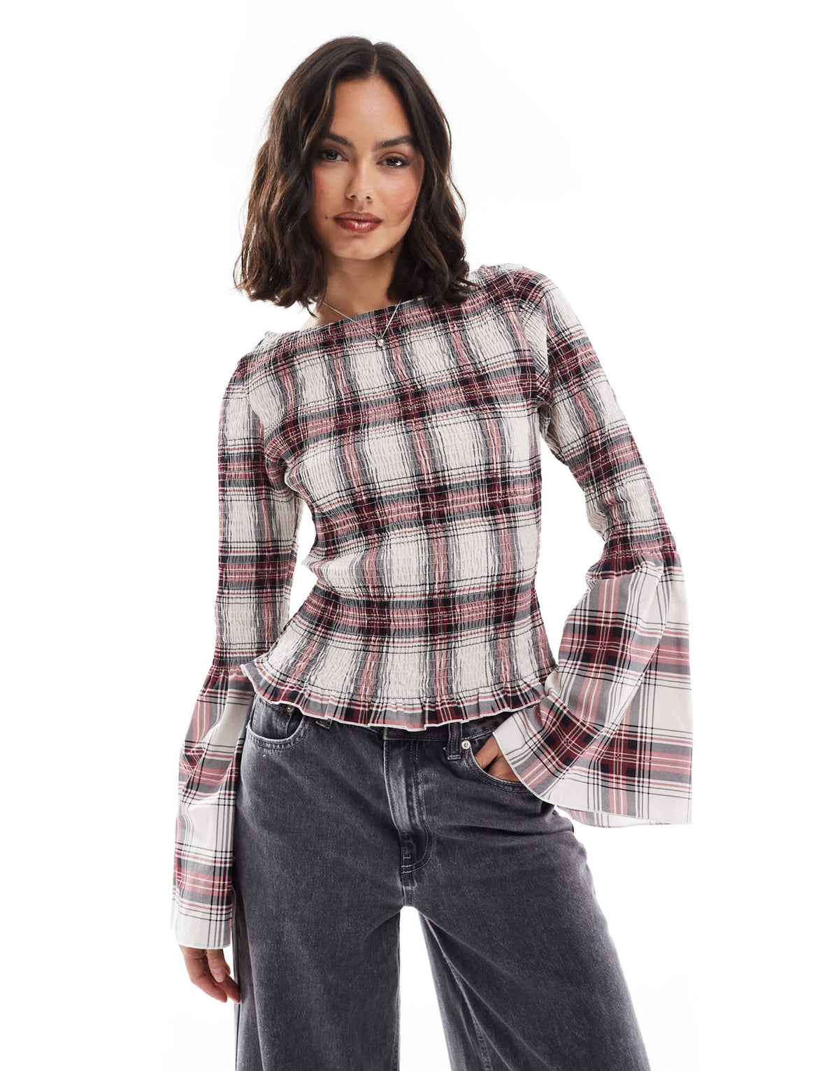 ASOS DESIGN poplin shirred angel sleeve top in red check - ASOS Sample Sale