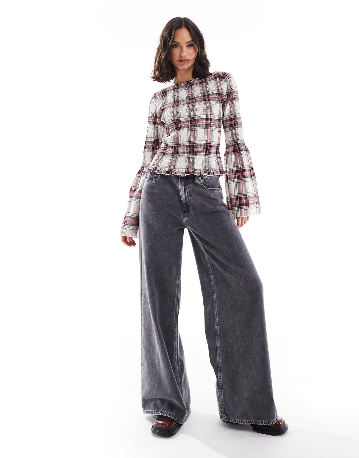 ASOS DESIGN poplin shirred angel sleeve top in red check - ASOS Sample Sale