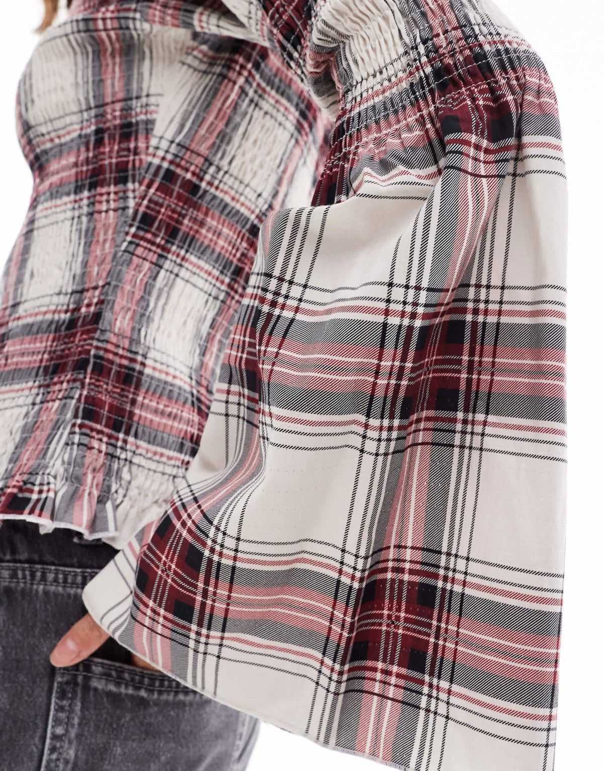 ASOS DESIGN poplin shirred angel sleeve top in red check - ASOS Sample Sale