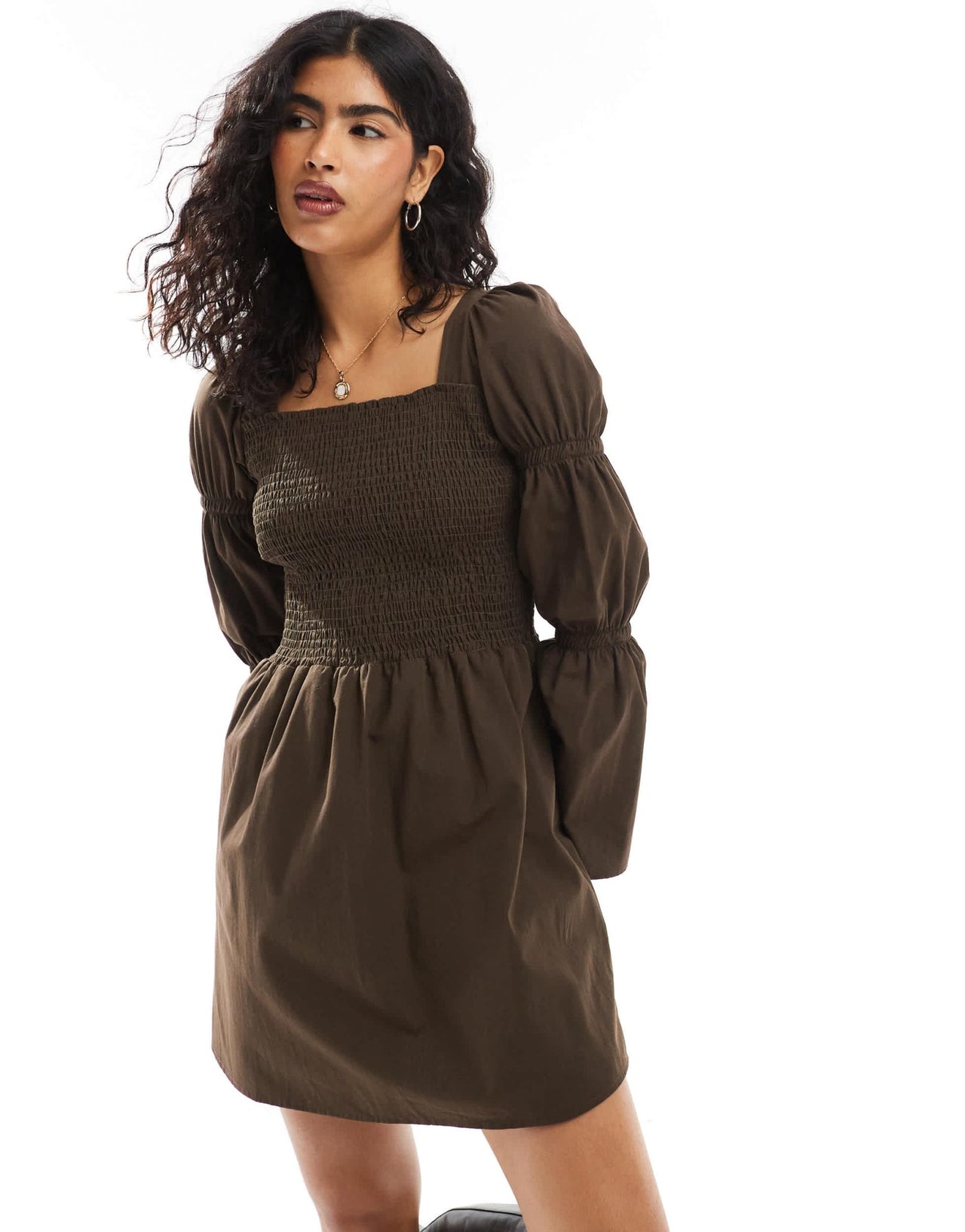 ASOS DESIGN poplin shirred bodice sleeve detail mini dress in chocolate - ASOS Sample Sale