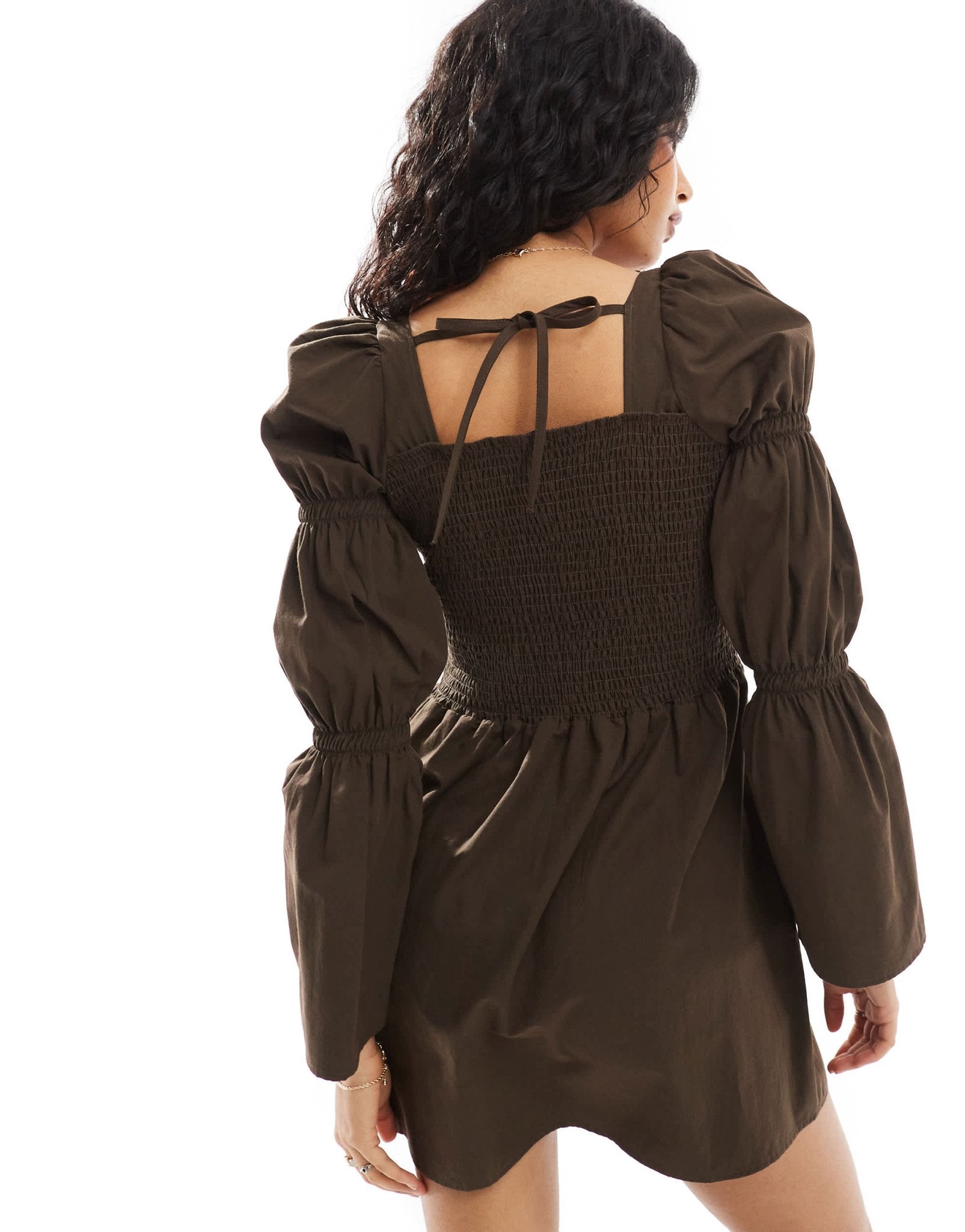 ASOS DESIGN poplin shirred bodice sleeve detail mini dress in chocolate - ASOS Sample Sale