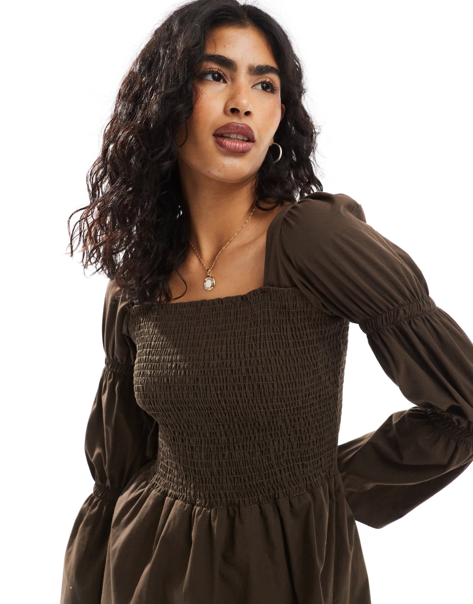ASOS DESIGN poplin shirred bodice sleeve detail mini dress in chocolate - ASOS Sample Sale