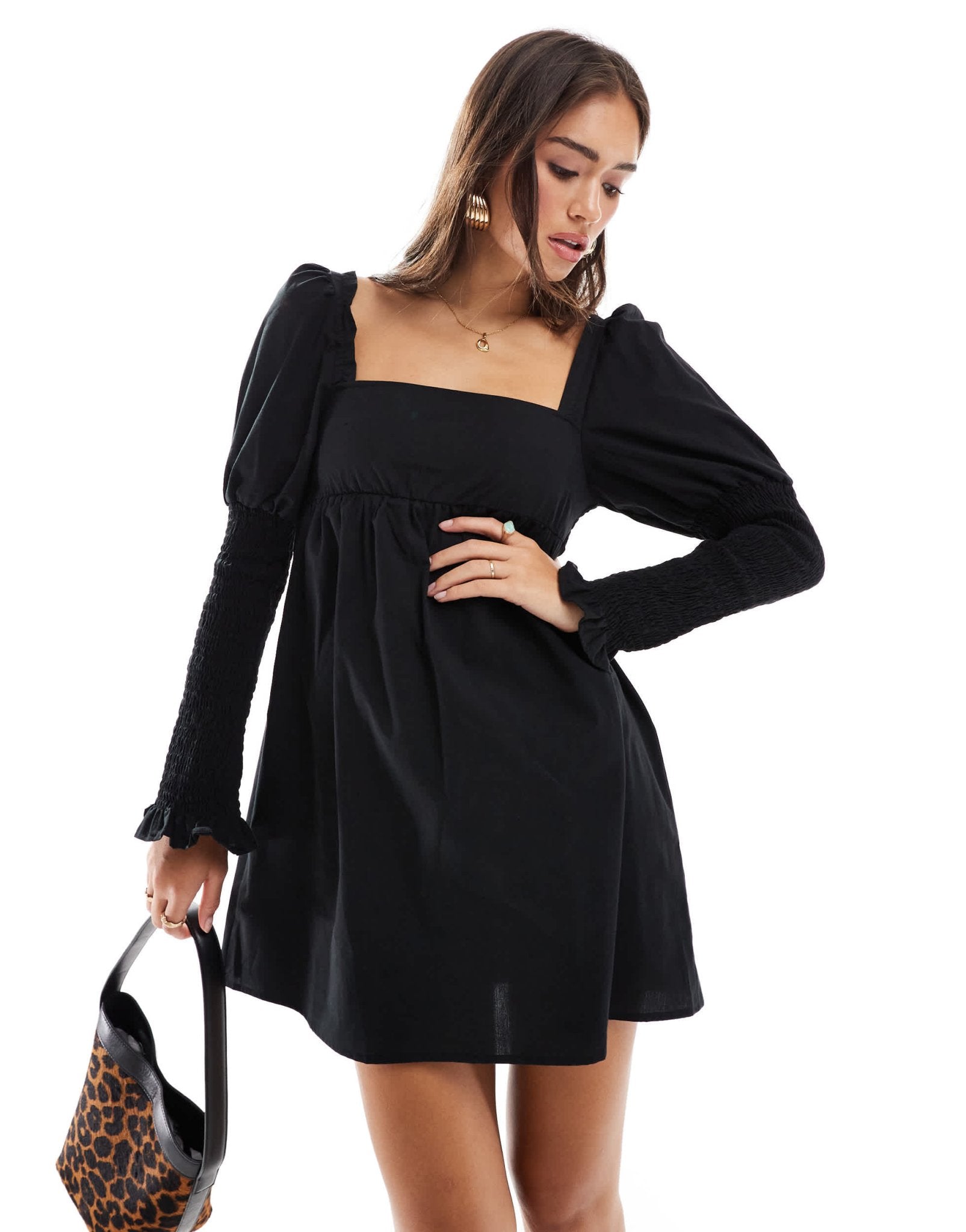 ASOS DESIGN poplin shirred sleeve mini dress in black - ASOS Sample Sale