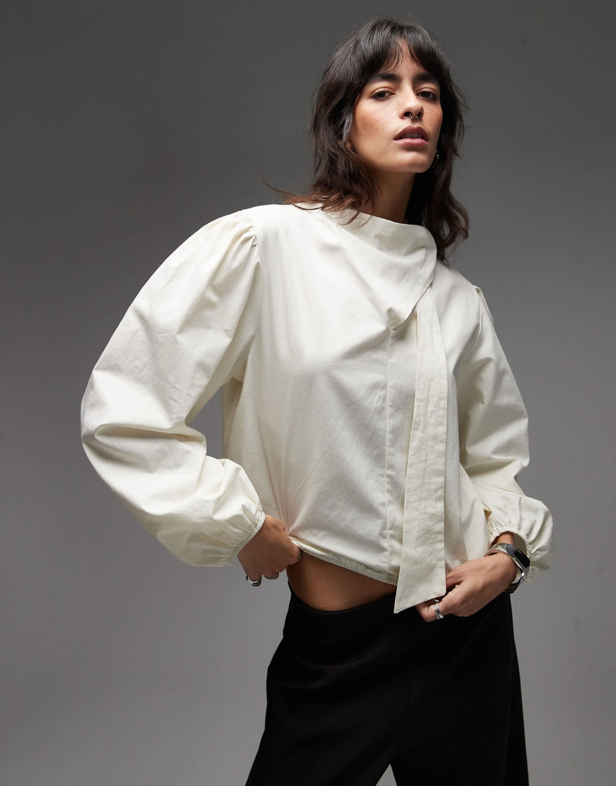 ASOS DESIGN poplin tie neck blouse in oyster - ASOS Sample Sale